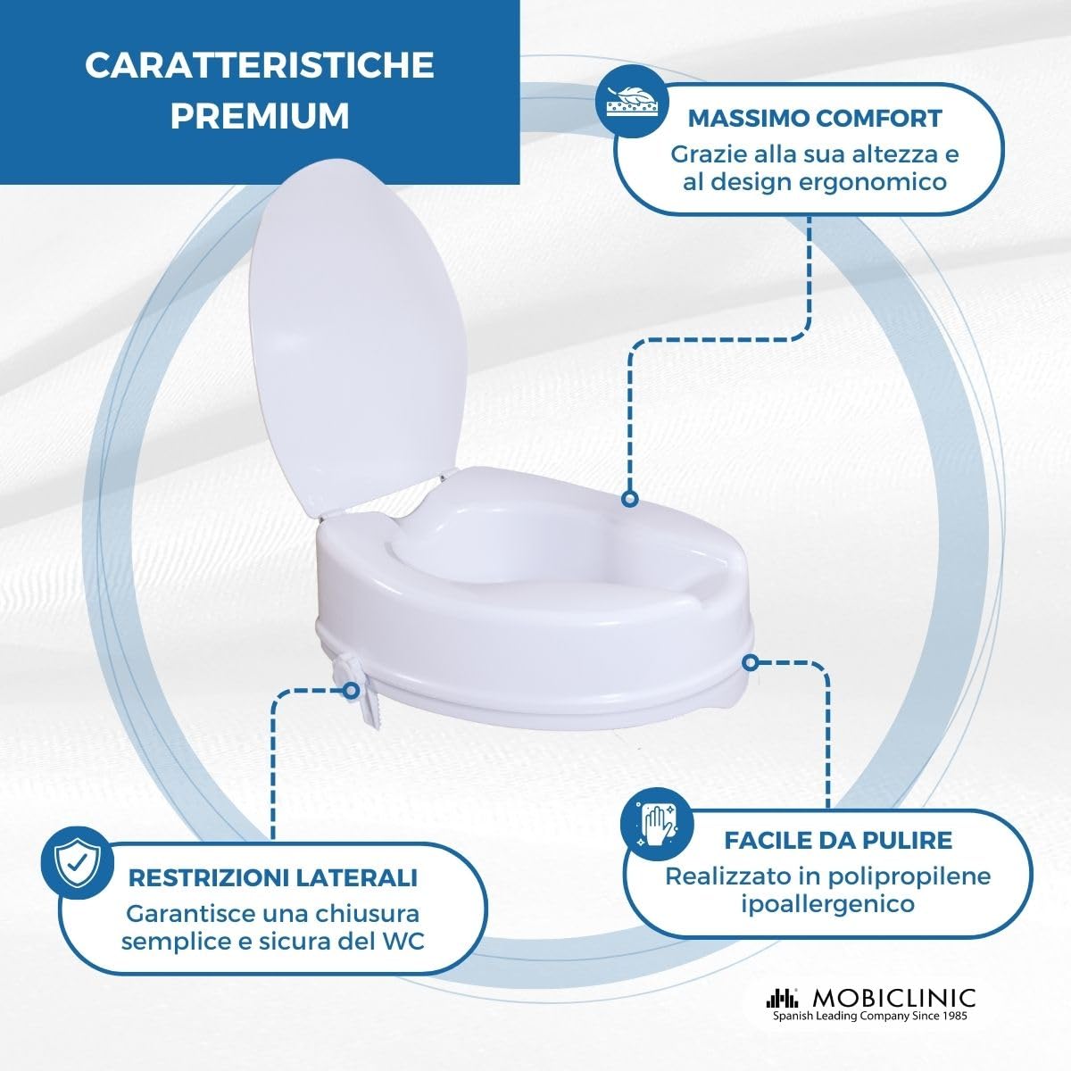 Mobiclinic®, Rialzo wc per Anziani, Altezza 10 cm, Alza water, Con coperchio, Mobilità ridotta, Sistema di fissaggio laterale, Ausili, Bianco, Titán