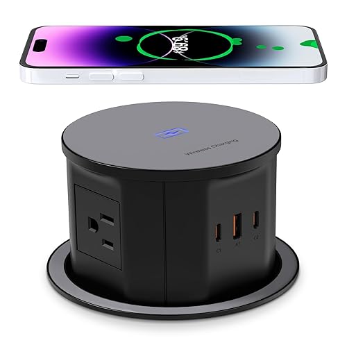 ANNQUAN Toma de corriente automática de encimera con cargador inalámbrico de 15 W, 4 tomas, 3 puertos USB, entrega máxima de energía de 65 W, toma