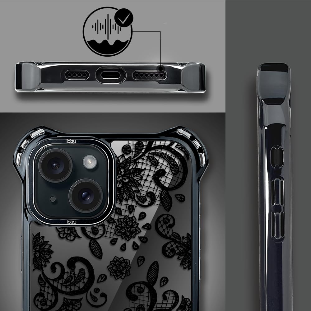 Etui do iPhone 15 IBIZU DropGuard Ultra kompatybilne z MagSafe, Midnight, Koronkowa czerń