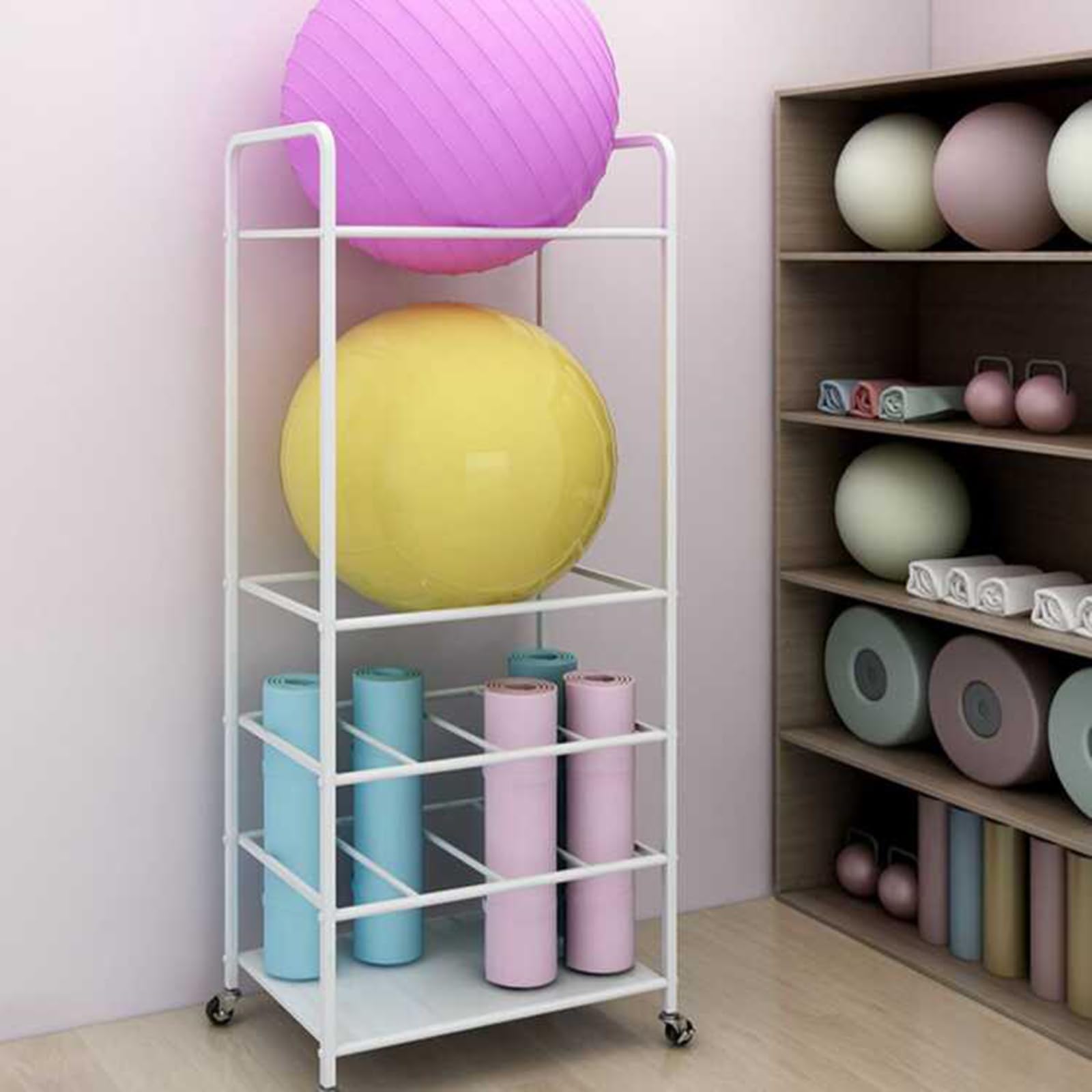 Estante de almacenamiento para esterilla de yoga con rueda, cesta de metal organizador para esterillas de yoga, rodillo de espuma y pelota