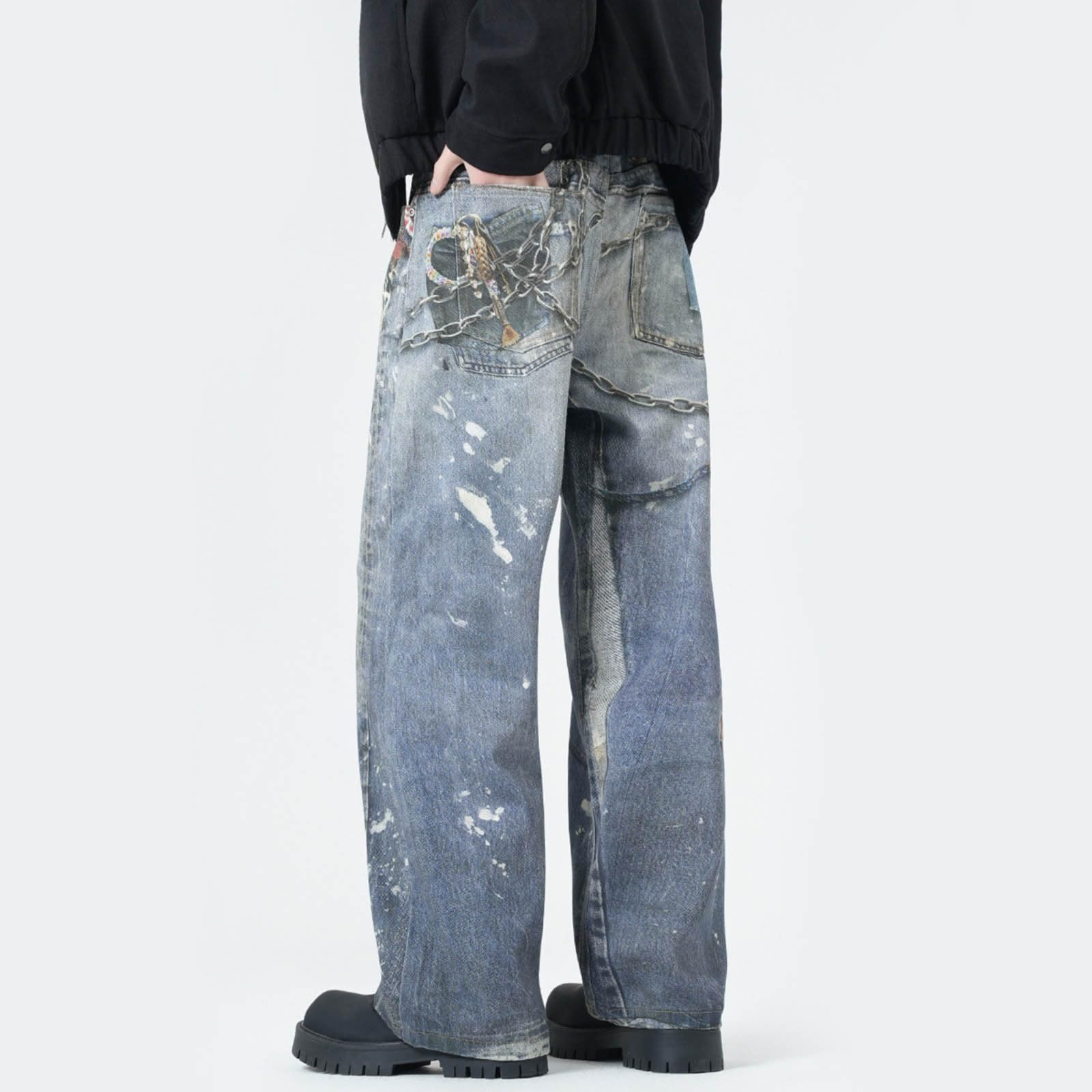 Generico Jeans Uomo Baggy Balloon Moto Strappati Fit Slim Pantaloni Flared Loose Elefante Larghi Invernali Jins Y2K Salopette Zampa Bootcut