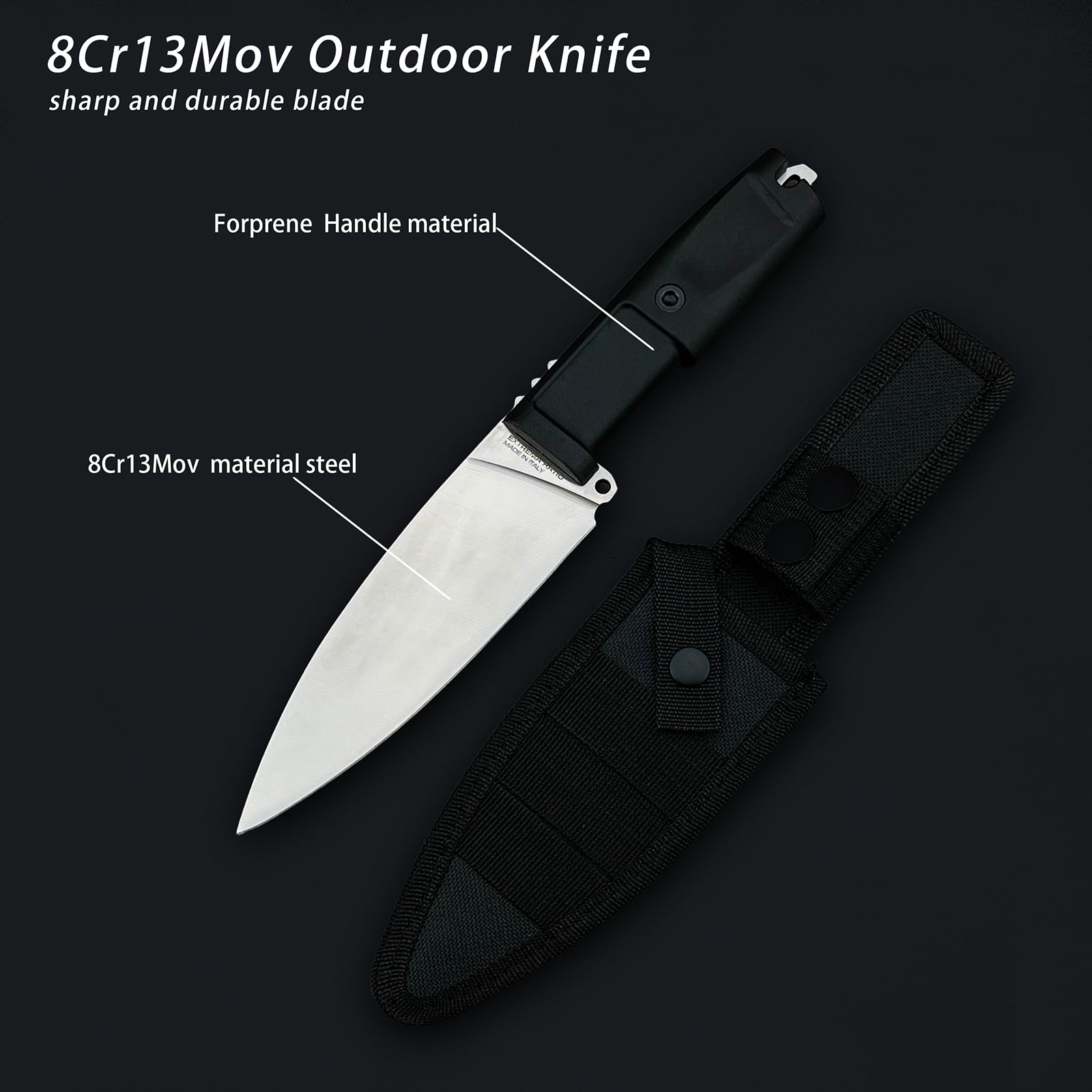 Messer Feststehend, Survival Messer für Trekking Camping, Hergestellt aus 8Cr13Mov Stahl, Full-Tang Ergonomischer Forprene Griff, Geschenke für Männer (Klinge aus rostfreiem Stahl mit schwarzem Griff)