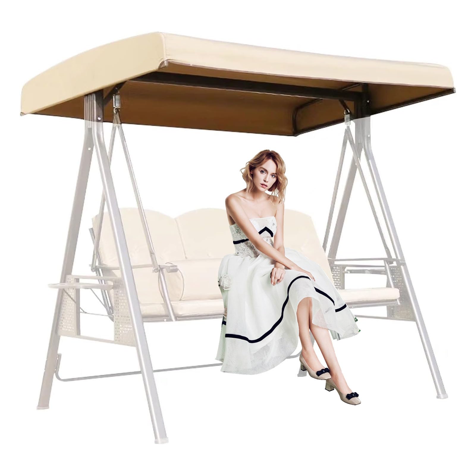 DFANCE Replacement Canopy for Swing Seat 2 3 Seater Hammock Cover Top Garden Outdoor,Sunscreen Patio Swing Canopy Cover Waterproof Swing Top Cover,Beige,210D:191 * 120 * 18/23cm