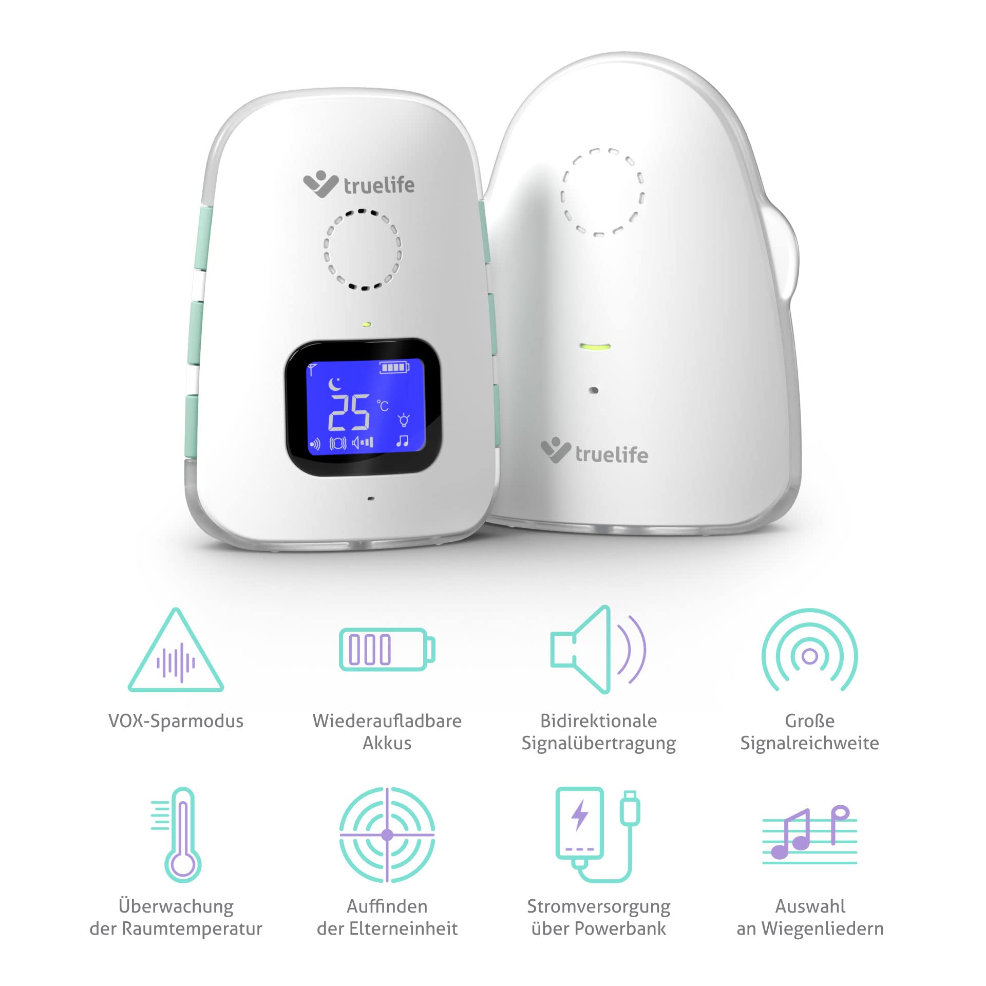 TrueLife NannyTone VM3 Babyphone avec IP67, portée extra large jusqu'à 800 m et 300 m dans les zones construites, avertissement de température 16-30 °C, son cristallin, alimentation par batterie