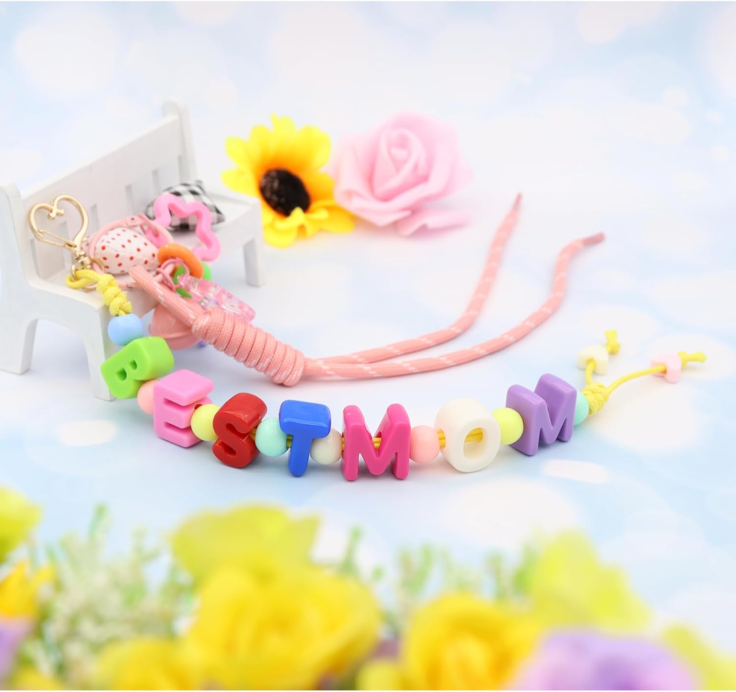 TTYY Colorful Letter Bead Charm Keychain with Adorable Bell Star Key Ring Gift For Grandma Bag Pendant Keyring - Image 4