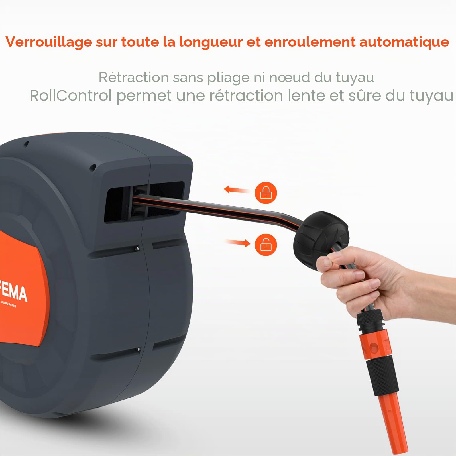 GRIFEMA G301-15, Enrouleur Tuyau Arrosage Mural 15m+1.5m, Rotation à 180 °, Complet avec Pistolet, Raccords, Tuyau et Support Mural