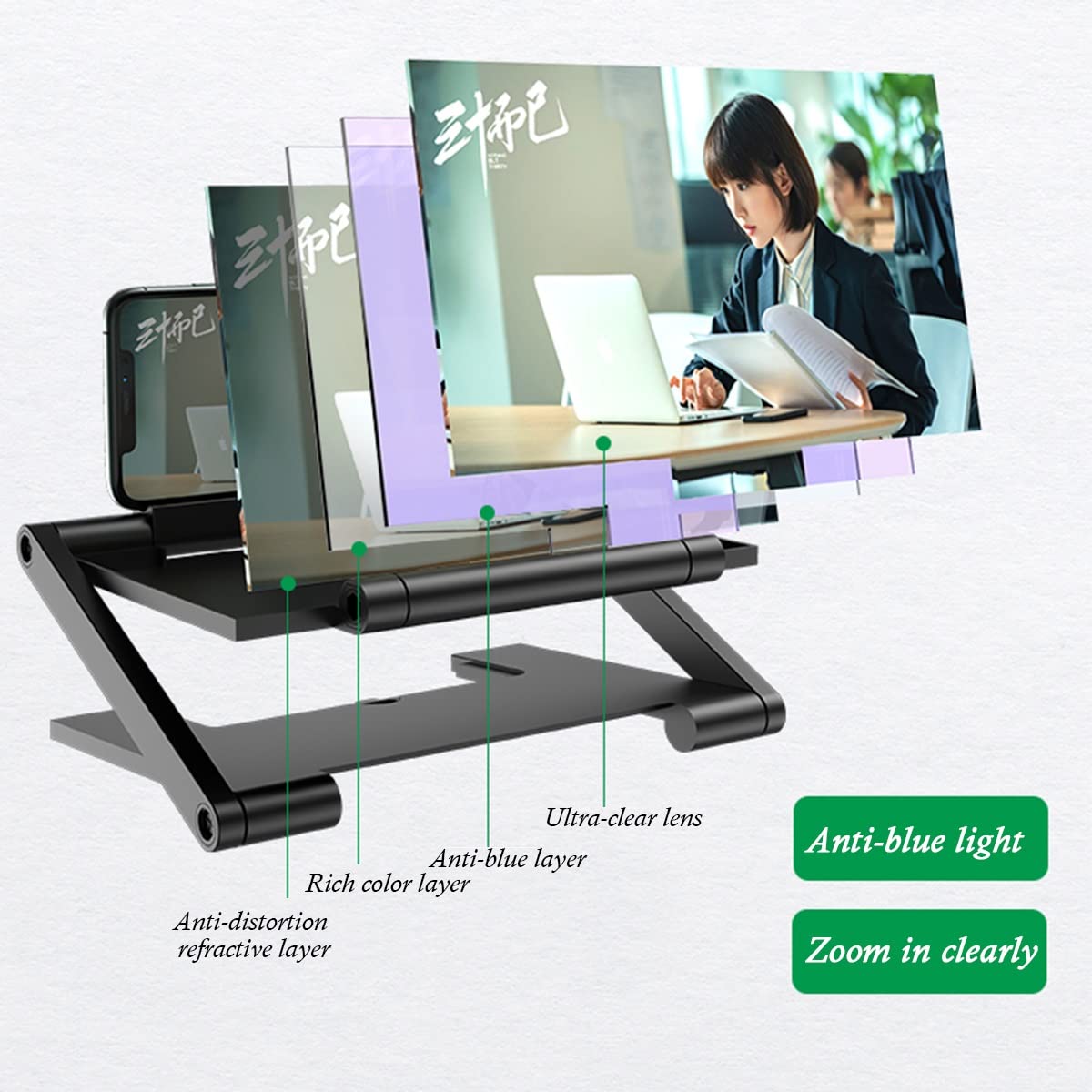 Amplificador de Pantalla Amplificador Plegable de 10" HD, proyector con Pantalla Aumento, Lectura Altura Ajustable y Soporte for teléfono(White,Remote Control)