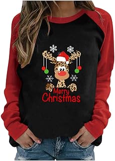 Ugly Christmas Sweatshirt Shirts for Womens Clearance Cute Elk Print Casual Blouse Long Sleeve Crewneck Pullover Ladies Funny Xmas Jumpers Tops Leopard Reindeer T-Shirts Novelty Christmas Costume