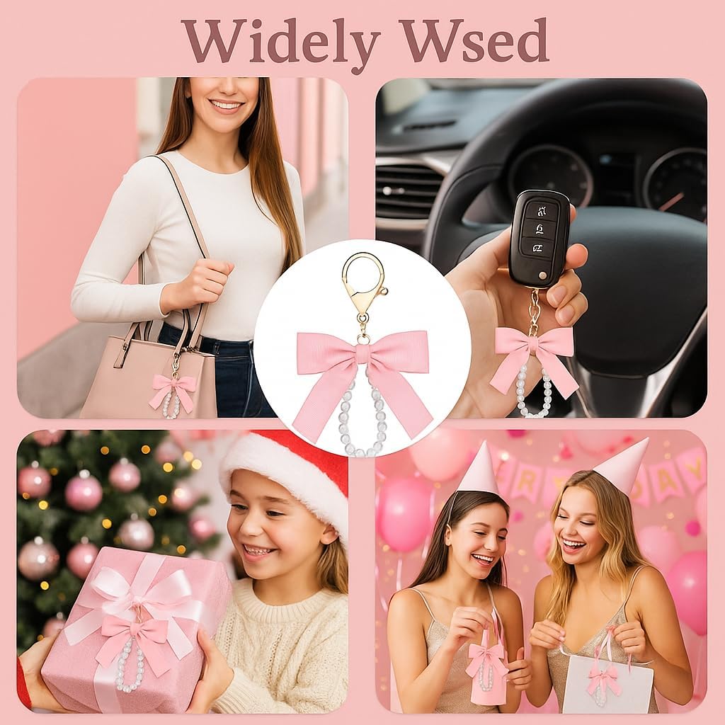 Homaisson 12 Pcs Pink Bow Pearl Keychains, Gold Zinc Alloy Clasp - Cute Purse Bag Charms for Keys & Car Keys, Party Favors Gifts for Women, Bridal (4x6 Inch)