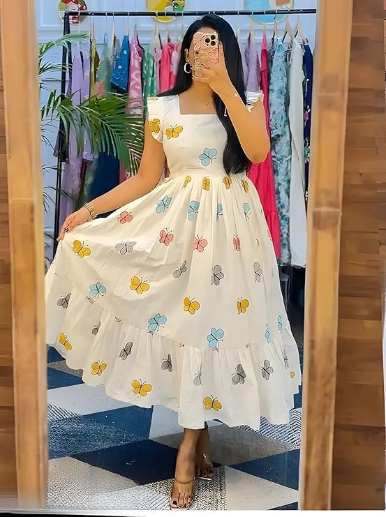 ROYALICA Women’s Pure Cotton Maxi Midi Dress Western Dress for Women Elegant Floral Printed Long Dresses | Soft & Breathable Fabric | Casual – White