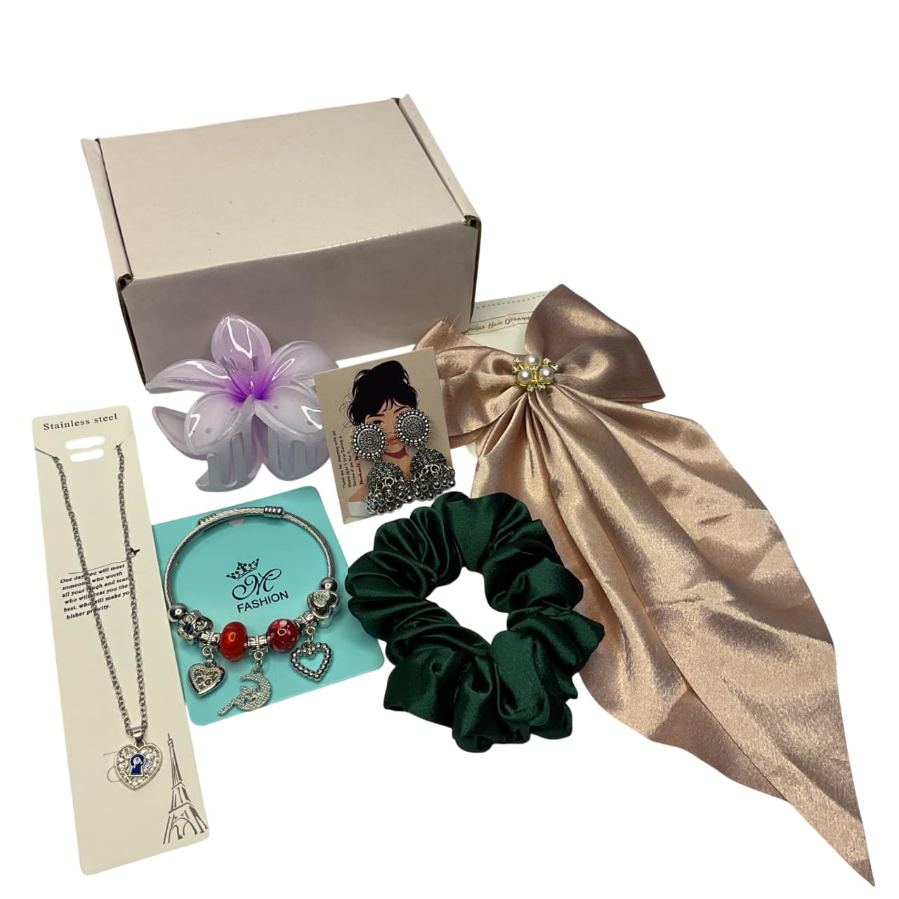 Mohmit Mart 6-Piece Fashion Accessories Gift set with Hair Bow, Pendant Chain, Bracelet, Earrings, Scrunchie, Flower Clip (Random color and design) 3