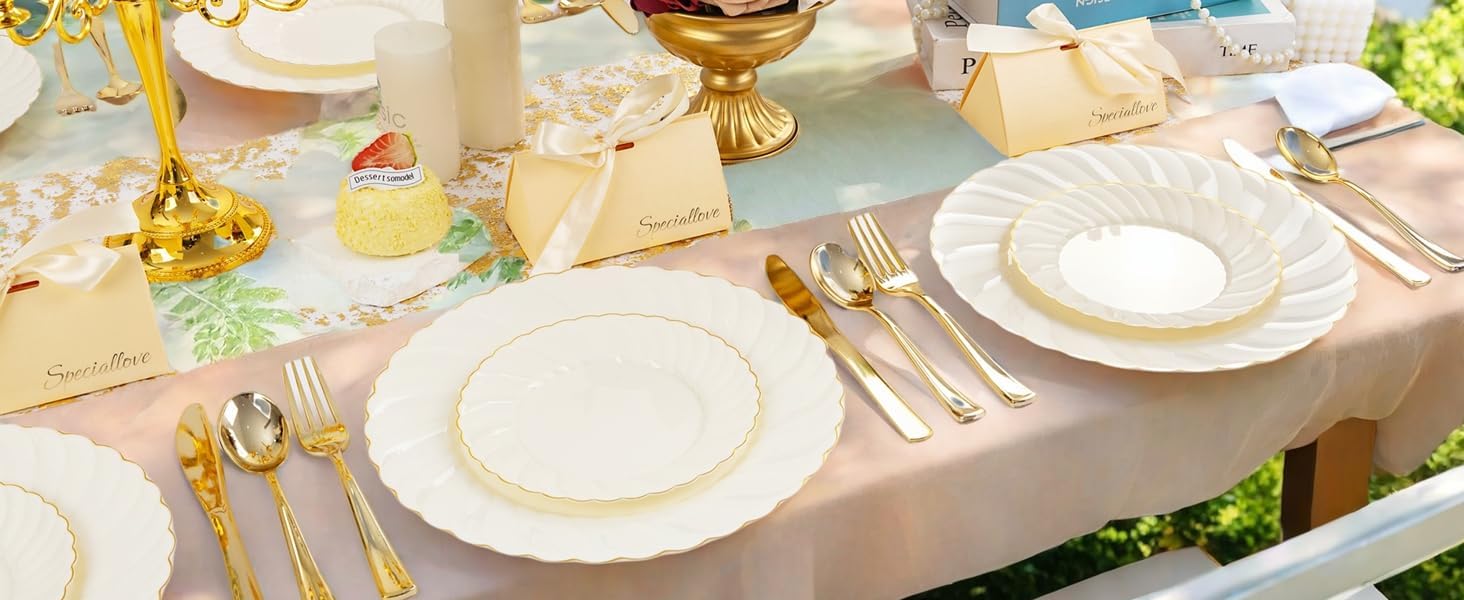 YOUBET 50 Pack Ivory Scalloped Plastic Plates 10.25 Inch Ivory Disposable Plates with Gold Rim - High End Elegant Vintage Dinner Plate for Birthday Parties & Wedding - Image 9