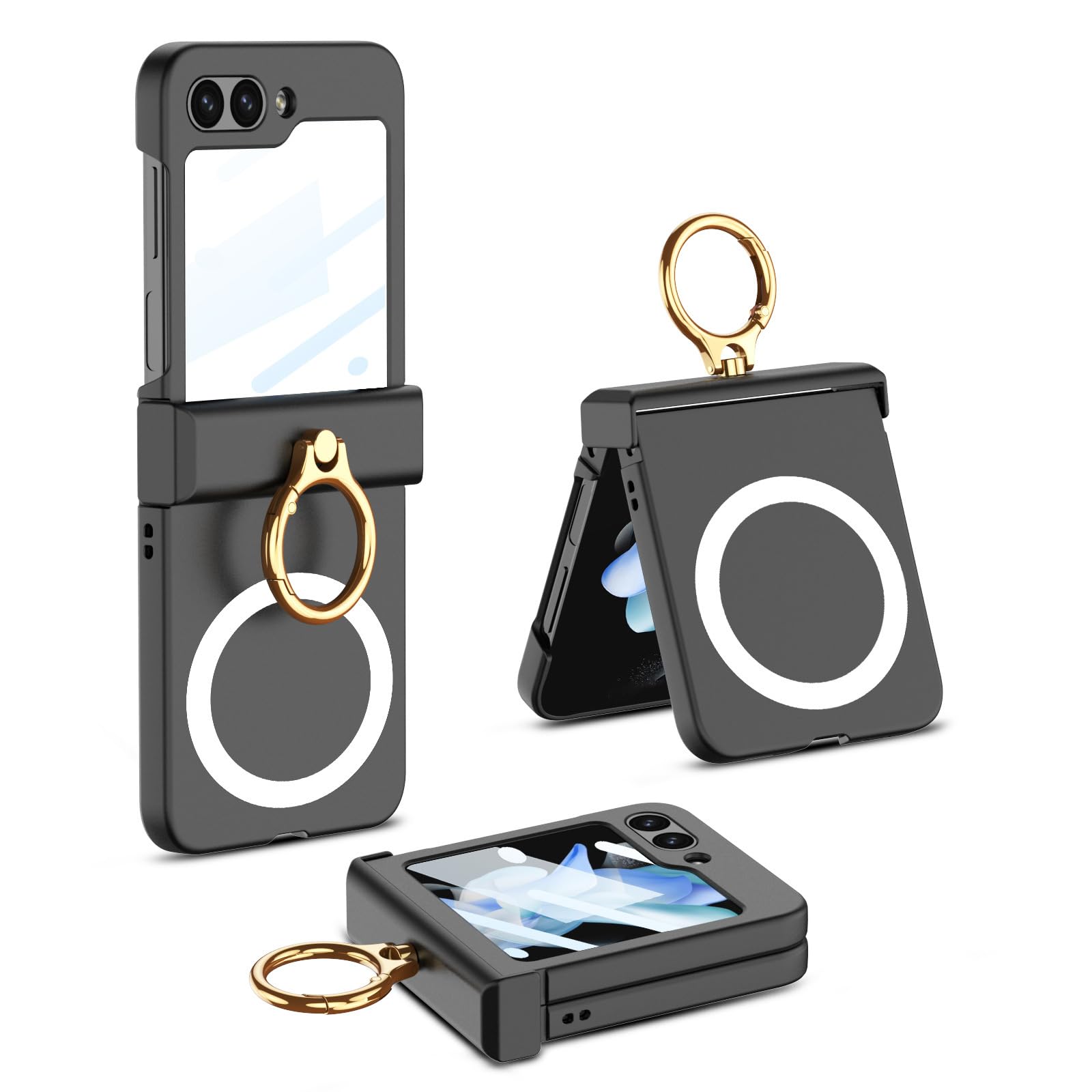 Coque pour Samsung Galaxy Z Flip 5, Compatible avec MagSafe Charnière Protection Full Body Slim Fit Hard PC Matte Anti-Ddrop Case avec Ring Holder Camera Film de Protection