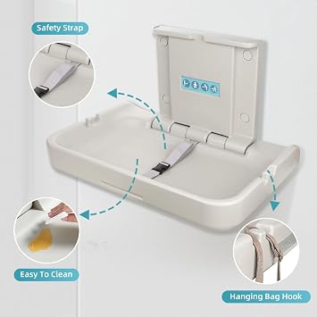 Wall Mounted Baby Changing Station,Foldable Diaper Tables | Space-saving fold-down design with safety strap for commercial restrooms; horizontal wall-mounted station in white granite