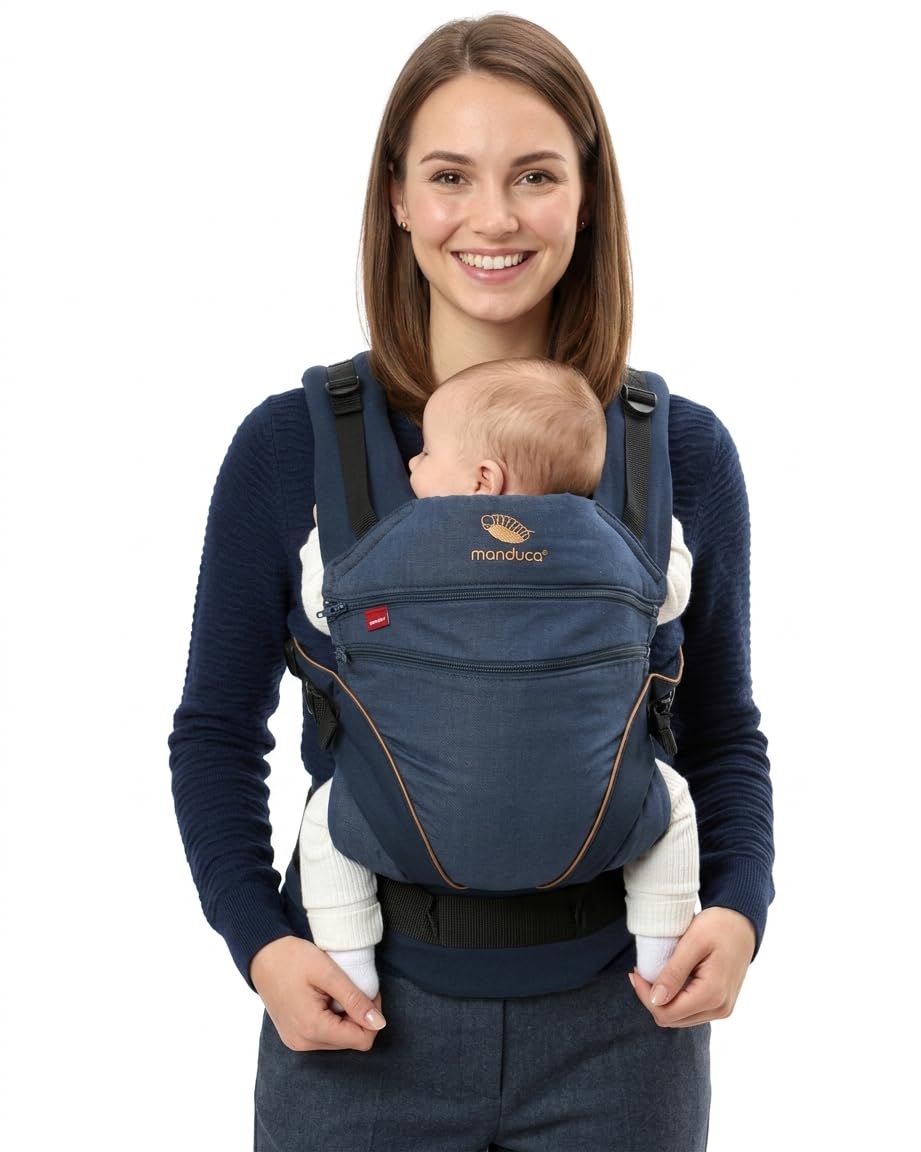 manduca XT Baby Carrier > Uno per Tutti < Marsupio Ergonomico e Flessibile con Seduta Regolabile, Neonati dalla Nascita e Bambini fino a 20kg, Cotone Biologico (denimblue-toffee/jeans blu-caramello)