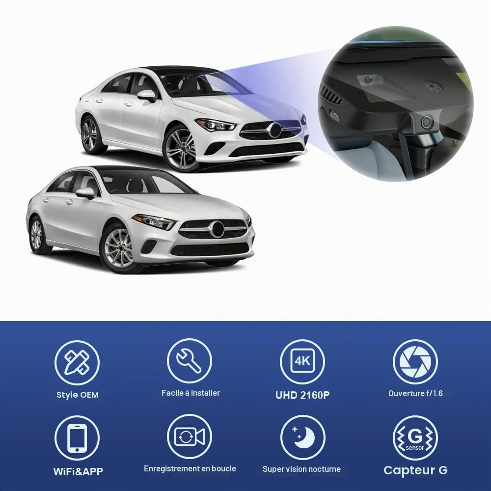 Fitcamx Dashcam Compatible avec Mercedez-Benz A Class A220 2012-2023 W176 W177 & CLA 250 2014-2023 C117 C118 (HD2-5818), Caméra de Voiture OEM 4K 2160P UHD WiFi, G-Senseur, WDR, Plug&Play, Carte 64 Go