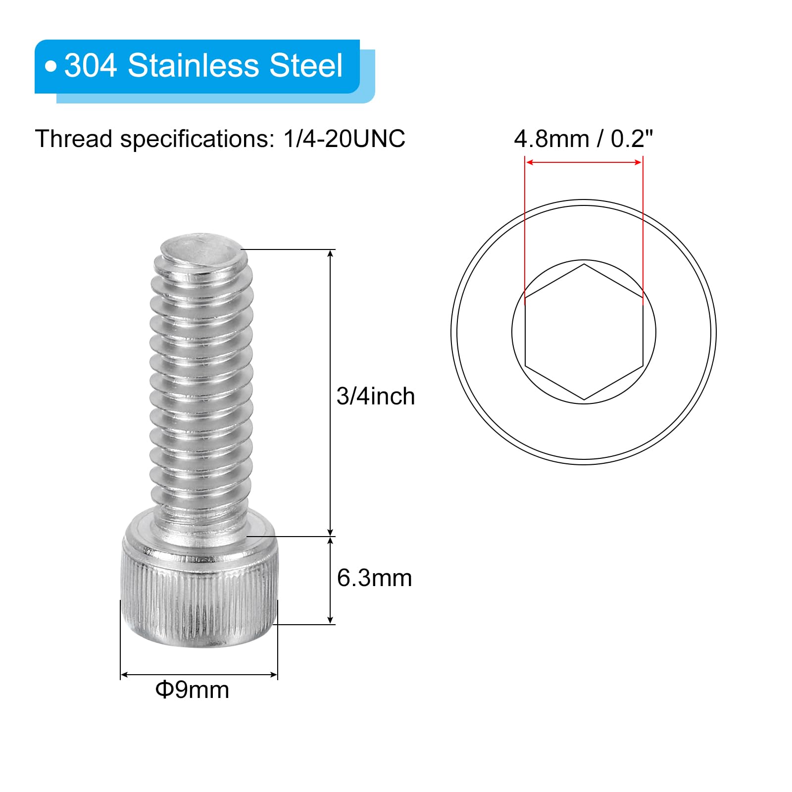 PATIKIL 1/4-20 x 3/4" Hex Socket Cap Head Screw Bolt, 30Pcs 304 Stainless Steel 18-8 - Image 2