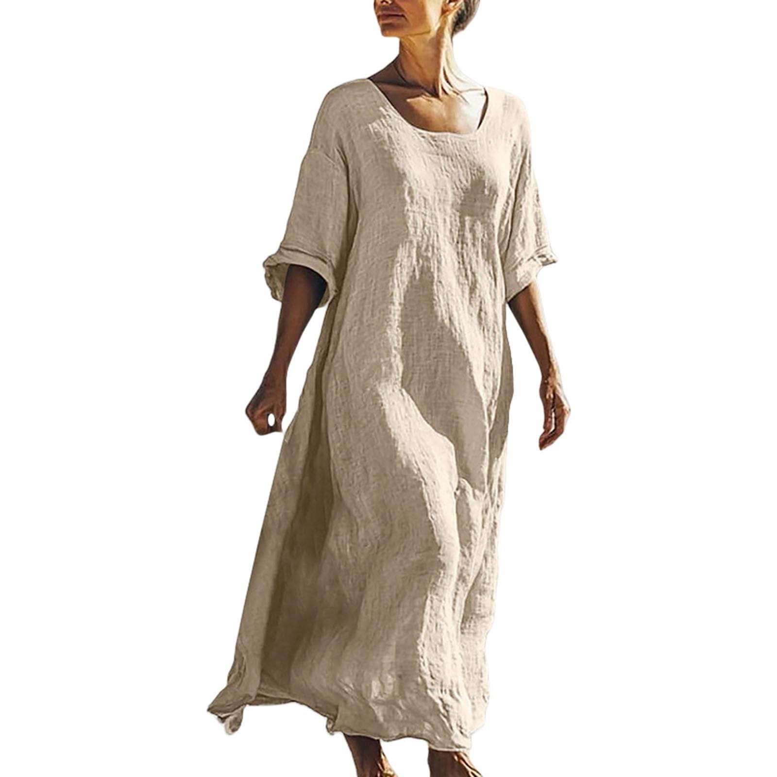 Abito estivo da donna, leggero e arioso, in lino e cotone, scollo a V, a maniche corte, tinta unita, elegante, casual, comodo, per il tempo libero e per l'uso quotidiano e per l'ufficio