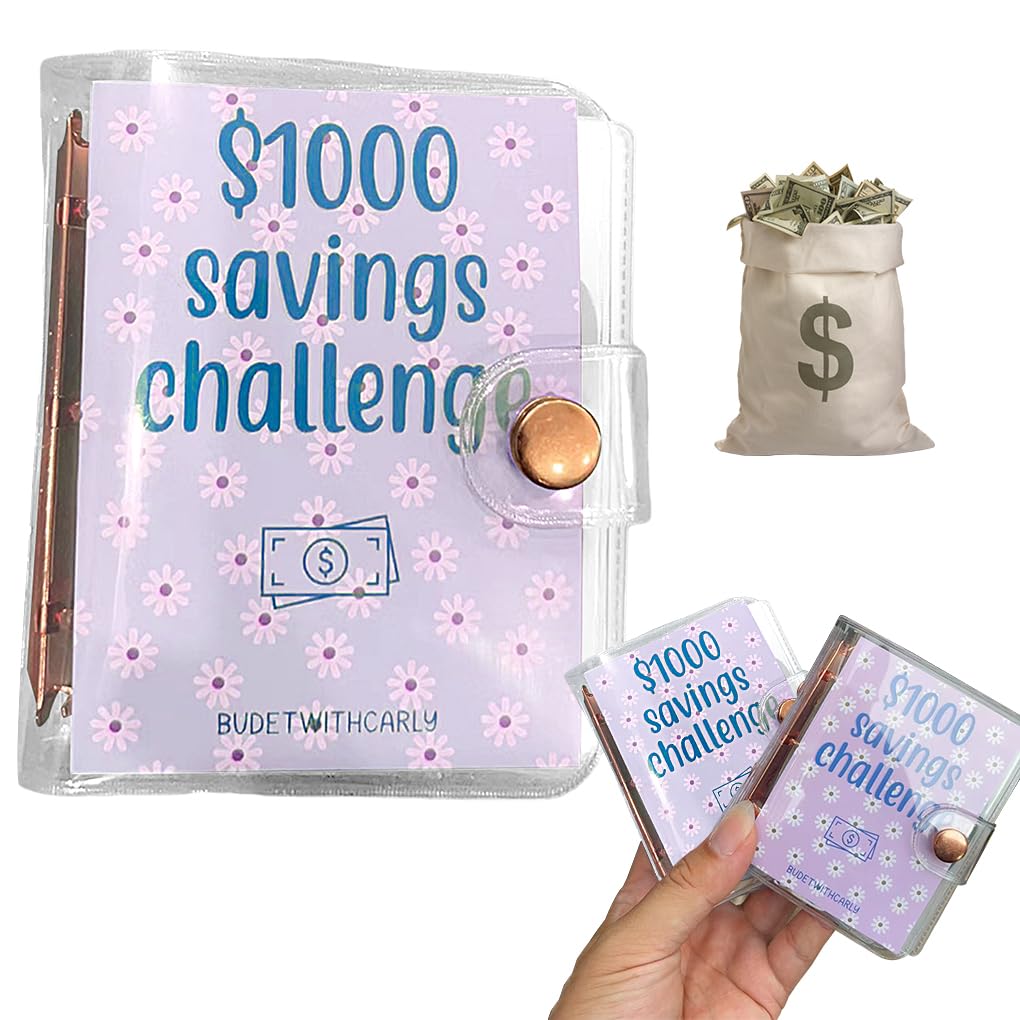 FineInno 1000 Savings Challenge Mini Binder, Portable Money Budget Planner Book Binder with Cash Envelopes