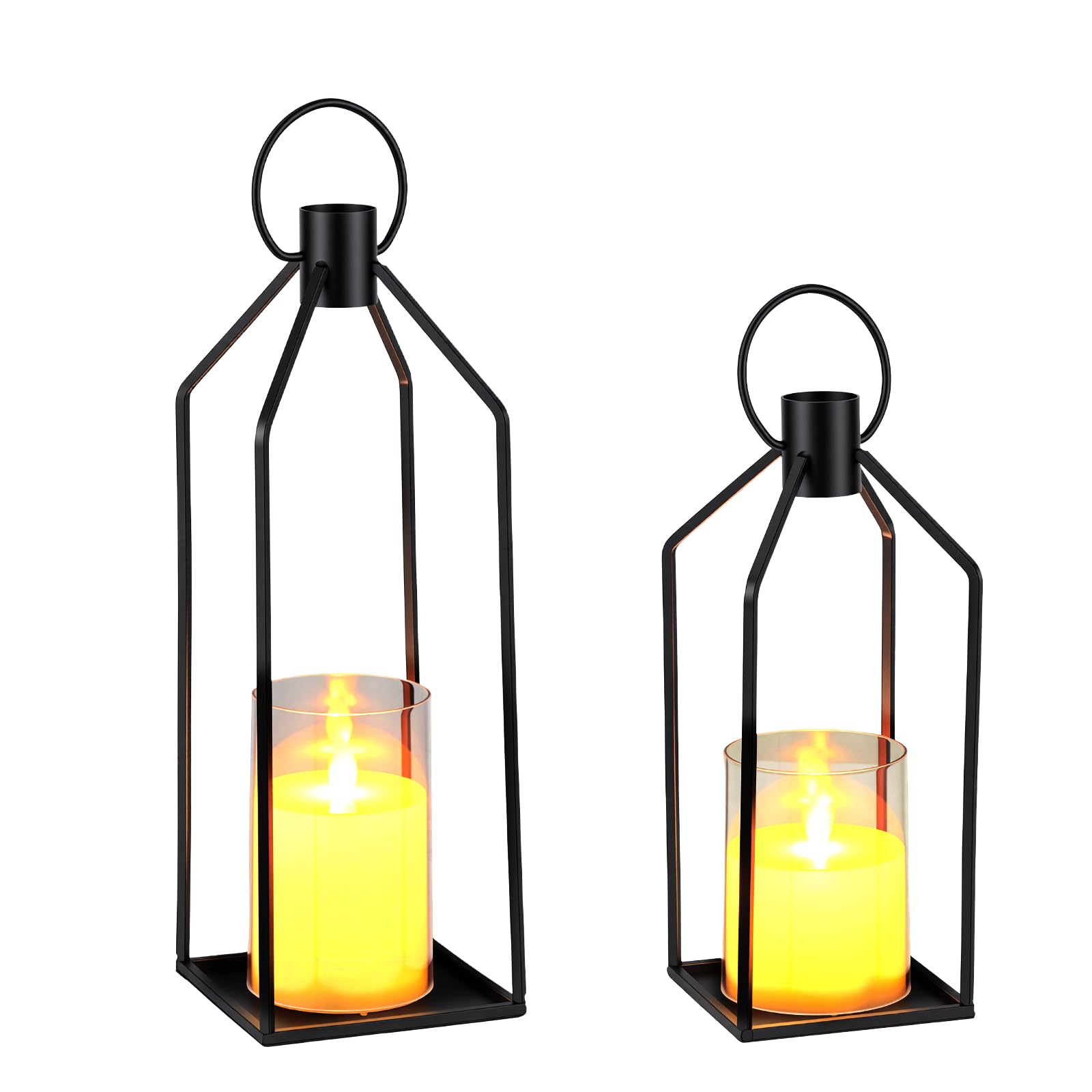 GarveeHome Modern LED Candle Lantern Set, 2 Black (12 in+15 in) Metal Decorative Holders with Flickering Flameless Candles, Remote & 6H Timer, Indoor Outdoor Centerpiece for Home, Fireplace