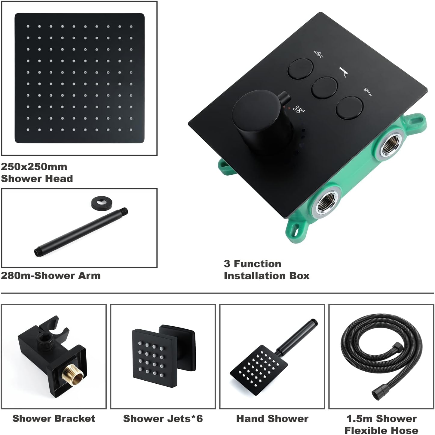 Shower Set Shower Fixture, Black Rain Shower System Concealed Bathroom Rain Mixer Shower Combo Set with Square Shower Head, Stainless Steel Handheld Shower, Body Jets,Ceiling Mounted