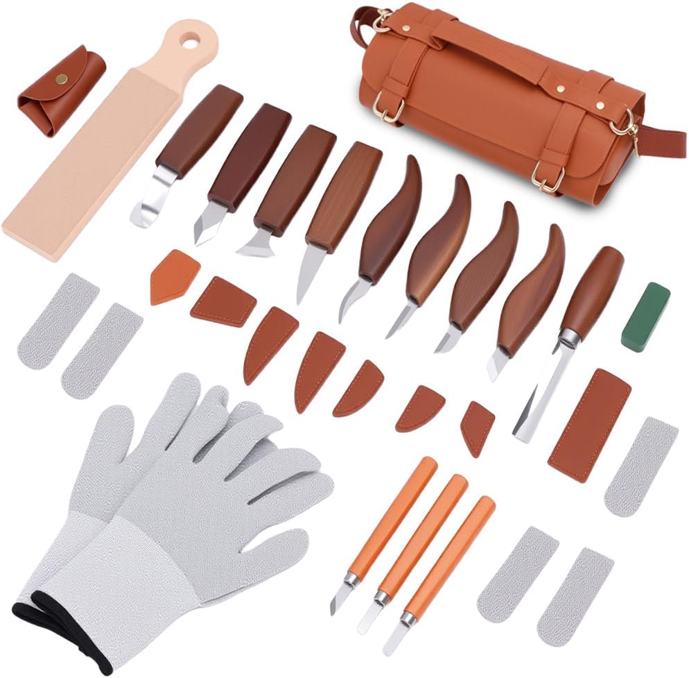 Wood Carving Kit, 18Pcs Wood Carving Tools with Leather Storage Bag, Including 9 Whittling Knives & 3 Detail Carving Knives Wood Whittling Knife Set for Beginners and Enthusiasts