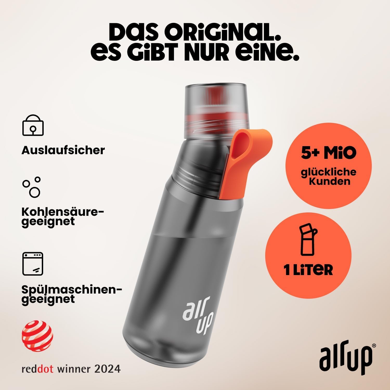 air up® Flasche Twist Pro Starter Set Original, inkl Pods in 5 Geschmacksrichtungen 1l Trinkflasche mit Geschmack, zuckerfrei I auslaufsicher, spülmaschinenfest & BPA frei I in Charcoal Grey