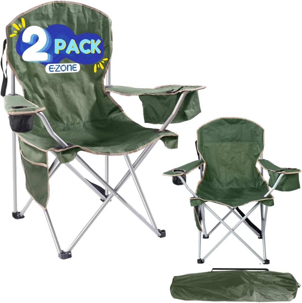 EZONE 2-Pack Camping Chairs with Built-in Ice Cooler, Portable Chair, Storage Pocket, Cup Holder, and Carry Bag Perfect for Camping, Tailgating, Fishing, Beach, and Lawn (2, Olive Green)
