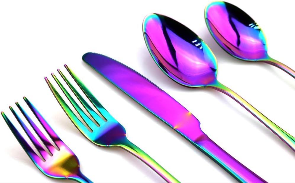 JASHII Rainbow Silverware Set, 40-Piece Stainless Steel Heavyweight Flatware Set, Kitchen Utensil Set Service for 8, Colorful Mirror Polishing Tableware Cutlery Set Knifes Forks Spoons Dishwasher Safe