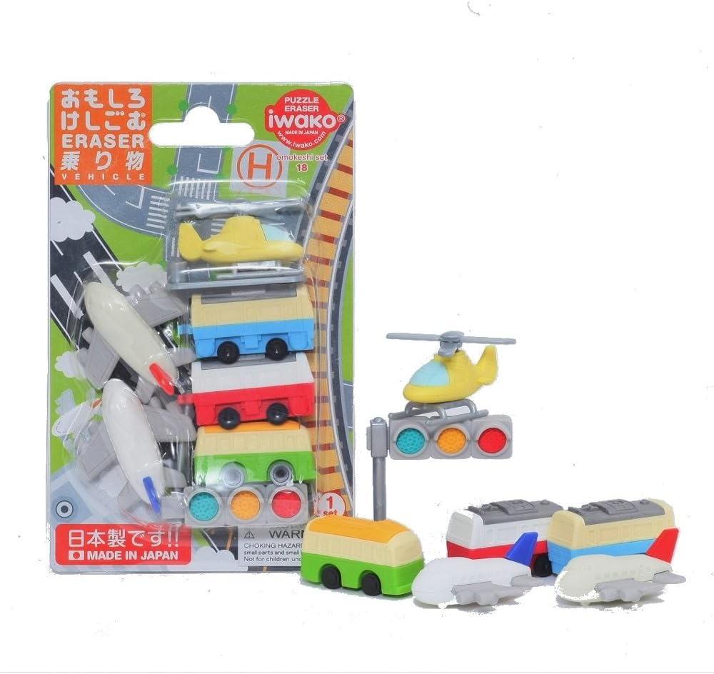 Iwako SCERBRI021 Erasers, Vehicles, 10 Pieces, Blister Pack