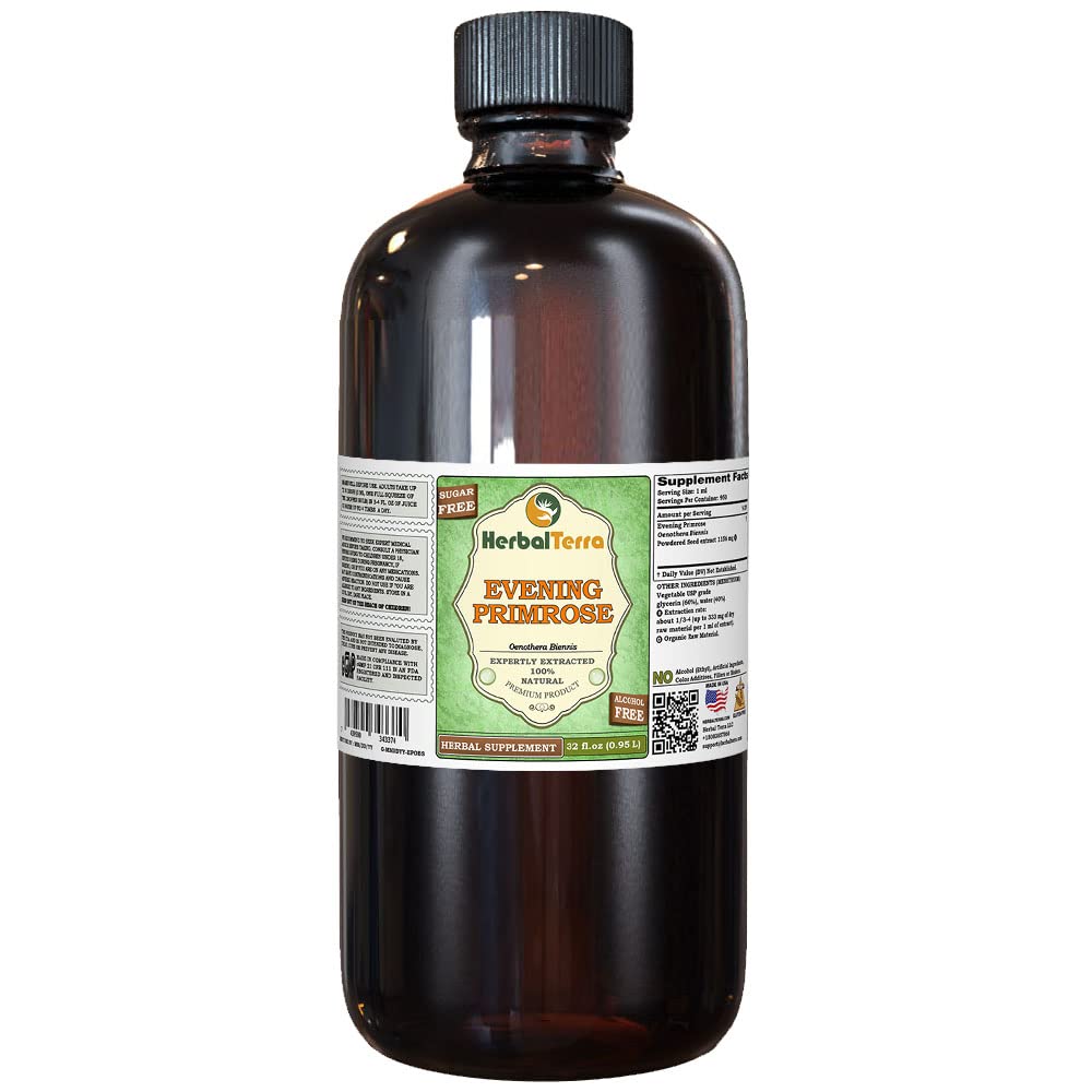 Evening Primrose (Oenothera Biennis) Glycerite, Dried Seeds Alcohol-Free Liquid Extract (Brand Name: HerbalTerra) 32 fl.oz (0.95 l)