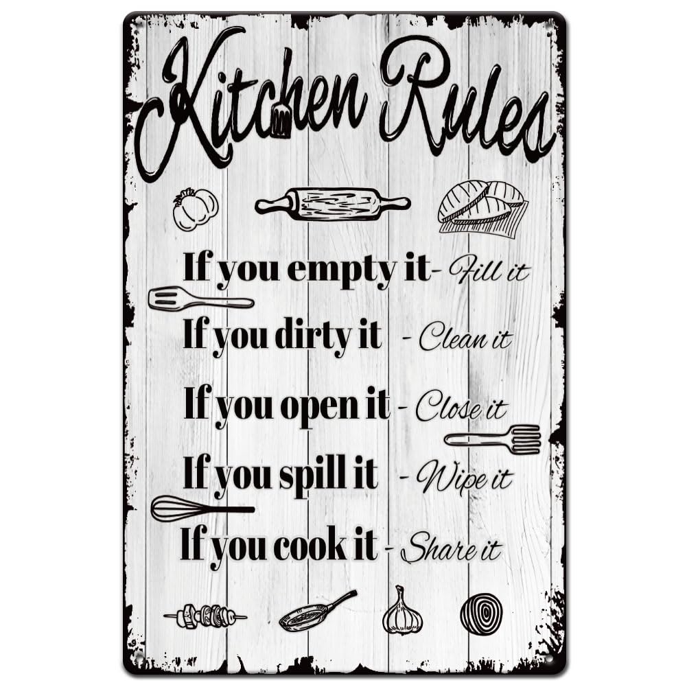 White Wood Kitchen Rules Retro Metal Tin Sign 12x18 Inch