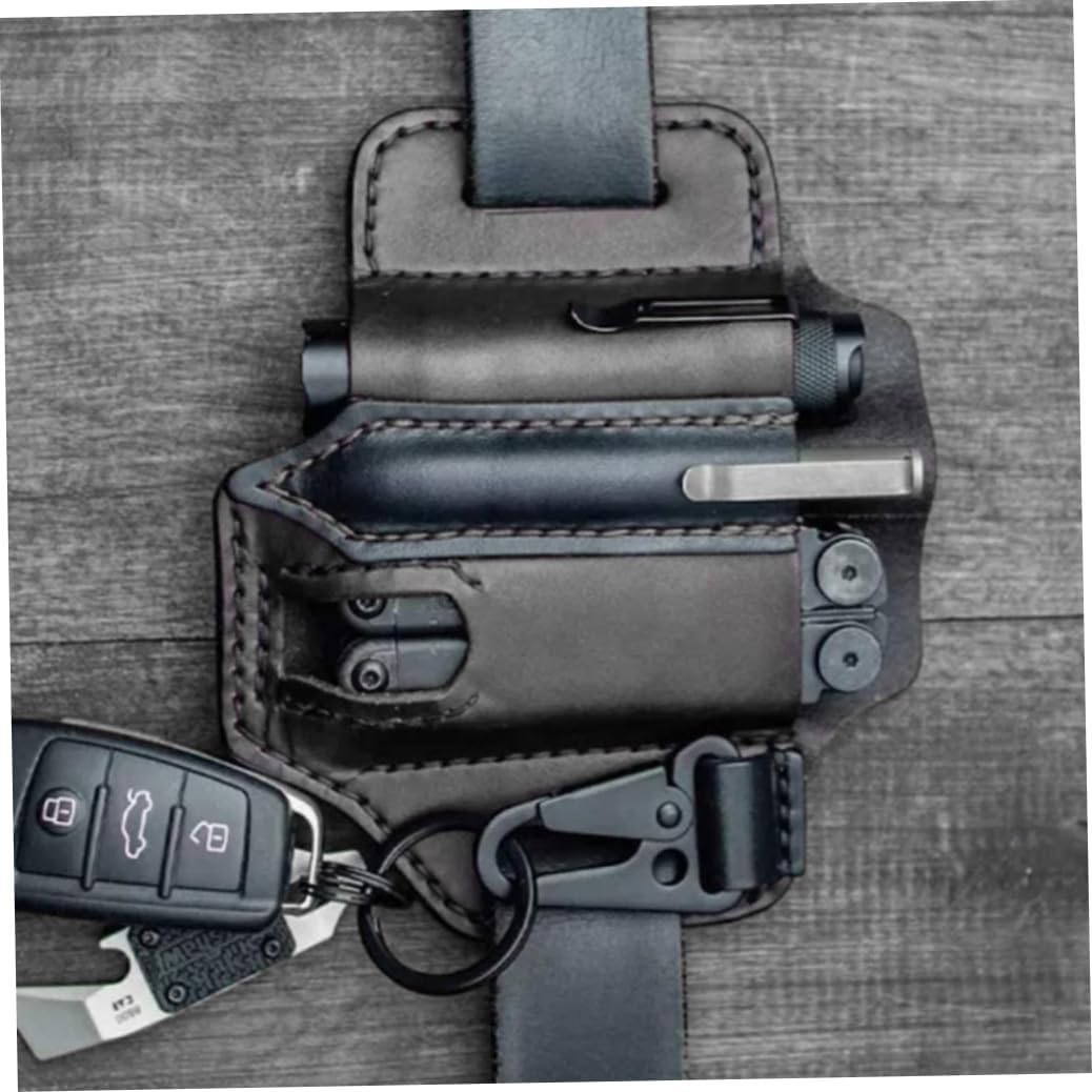 Leather Multitool Sheath for Belt, EDC Pocket Organizer with Key Holder, Storage Belt Waist Bag Flashlight, Multitool Pouch for Men Camping (Black).