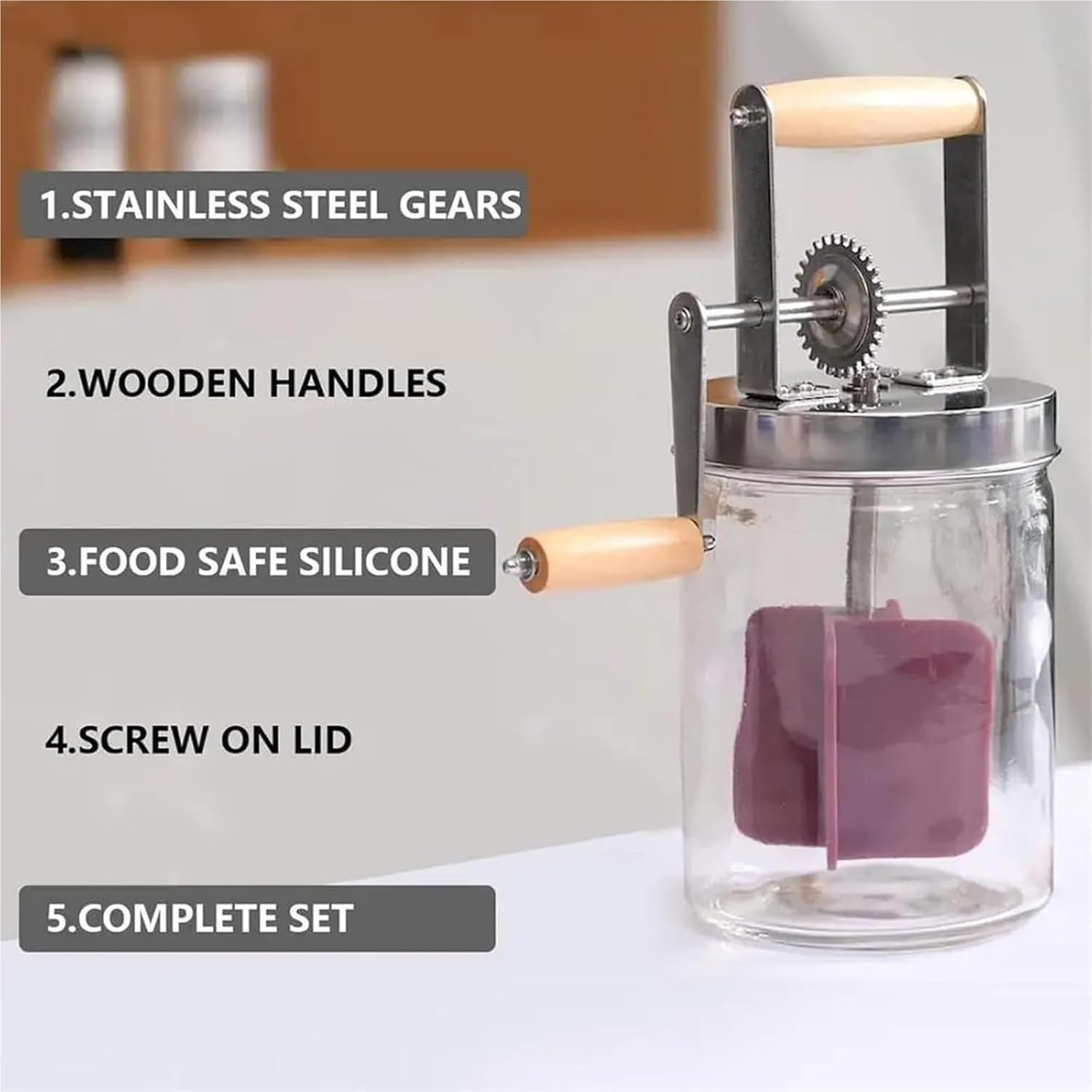 Hand Crank Butter Churner, Churn Washable Butter Maker, with Glass Jar & Wooden Handle, Stainless Steel Paddle, for Home Kitchen Restaurant Baking(1500ml)