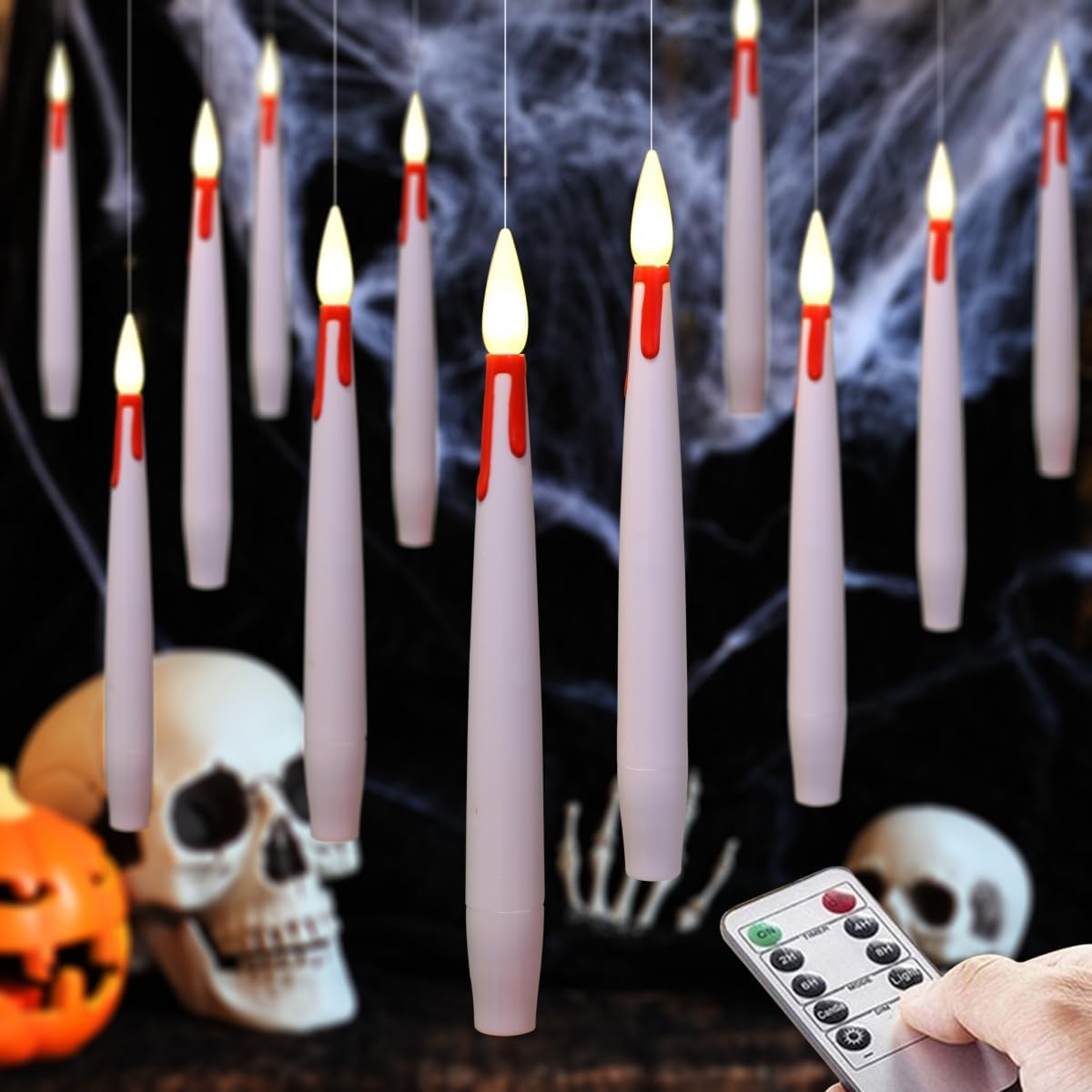 Set of 12 Flameless Floating White Candles with 4.9FT Fishing line, Dripping Red Blood(Pigment), 6'' LED Remote(Timer) Battery Operated Candle with Hook and Glue Dots, for Halloween Decor