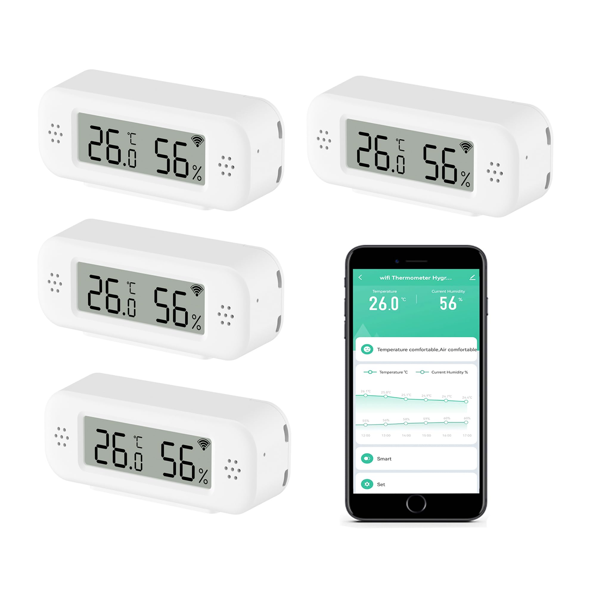 Termómetro higrómetro WiFi para interiores: sensor de temperatura inteligente, monitor digital de humedad con aplicación smart y grabación de datos, fit for Alexa, para dormitorio, invernadero (4PCS)