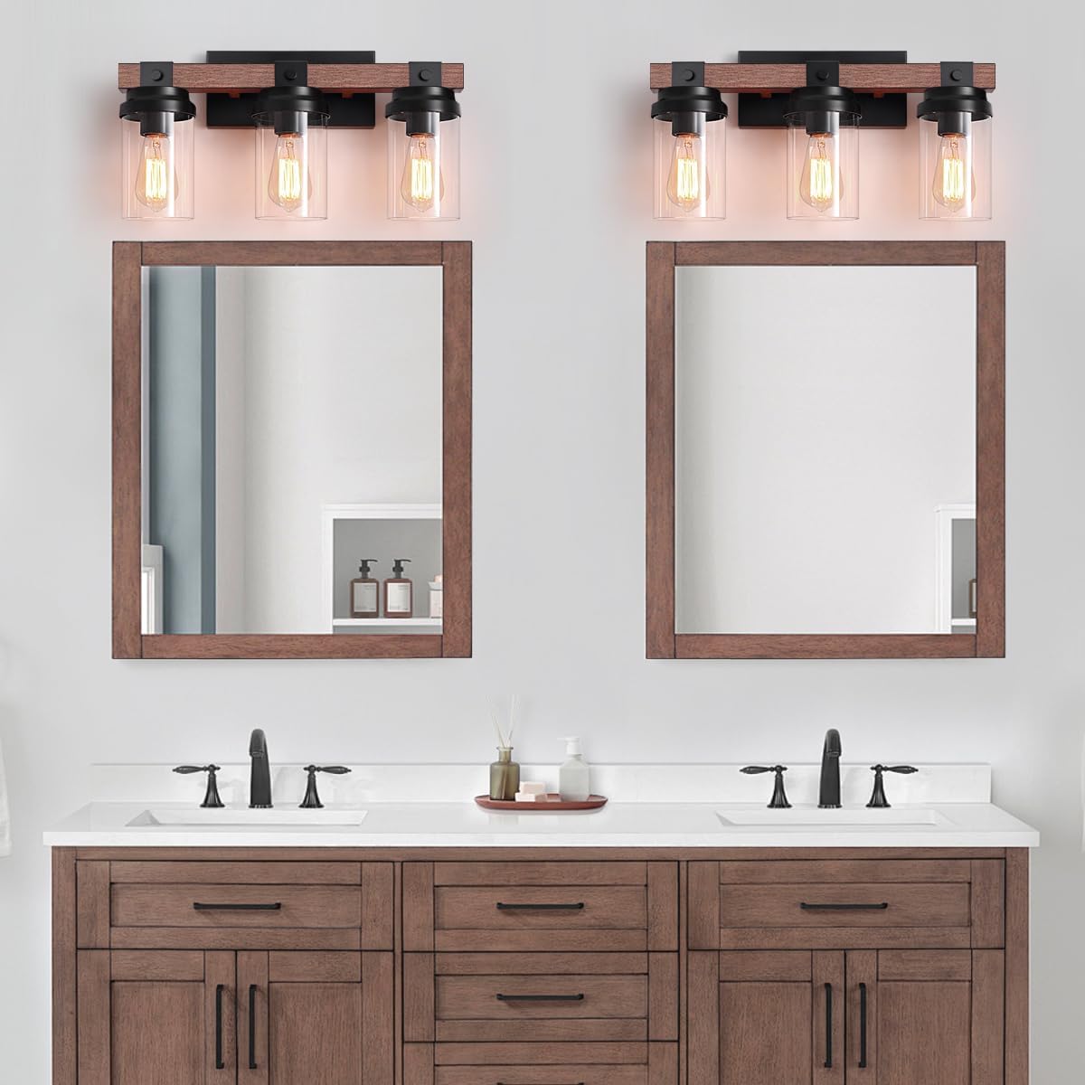 3 Light Farmhouse Vanity Light, Rustic Black Bathroom Light Over Mirror with Clear Glass Shade, Wood Grain Vintage Farmhouse Wall Sconces for Bathroom, Living Room, Hallway