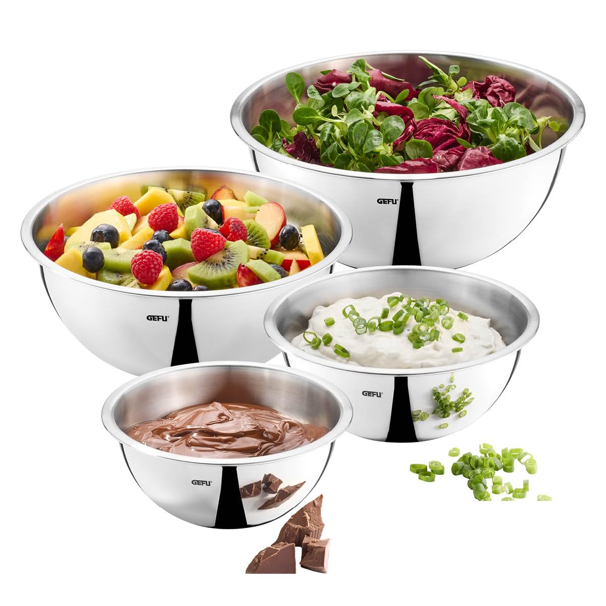 GEFU 4x Edelstahlschüssel-Set CAVARO - Küchenschüssel mit Schüttrand | Salatschüssel Set stapelbar aus Edelstahl - Rührschüssel spülmaschinengeeignet für Teig & Sahne - 1l, 1.5l, 2.7l & 3.5l
