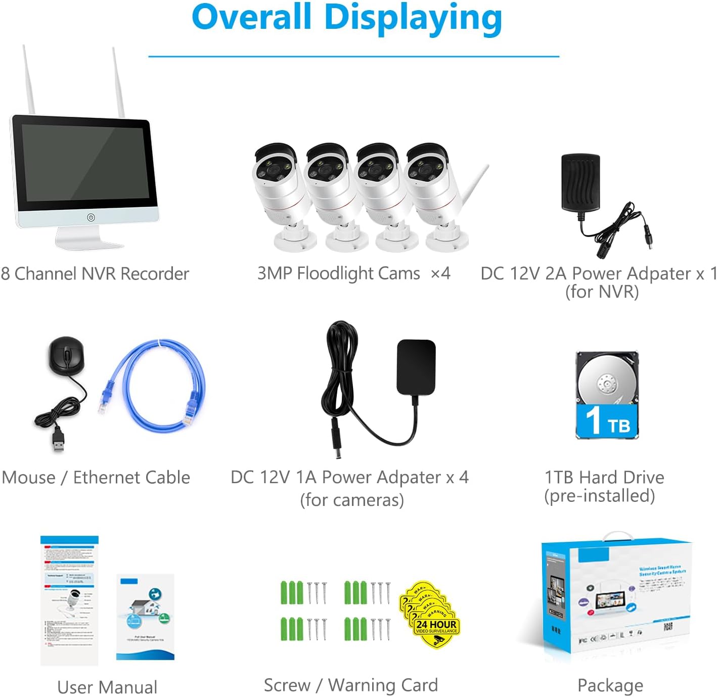 [8CH Expandable] 2K Wireless Home Security System, 12'' LCD Monitor with 3MP Corded Electric Powered Outdoor Bullet Cameras, Color Night Vision, Motion Detection Siren Alarm, IP66 with 1TB Hard Drive
