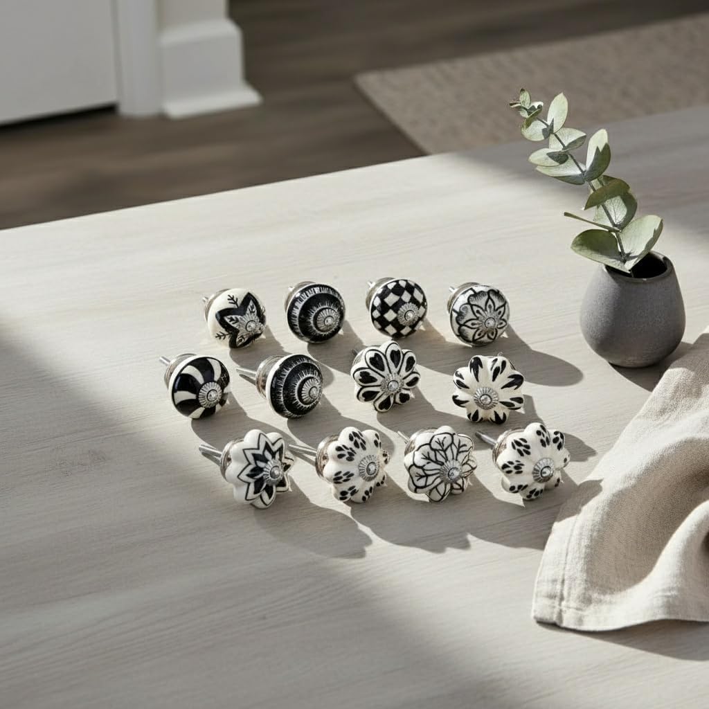 nacnic Pack of 12 Black & White Hand Painted Vintage Cabinet Cupboard Door & Drawer Pulls Chrome Hardware (12, Black & White)