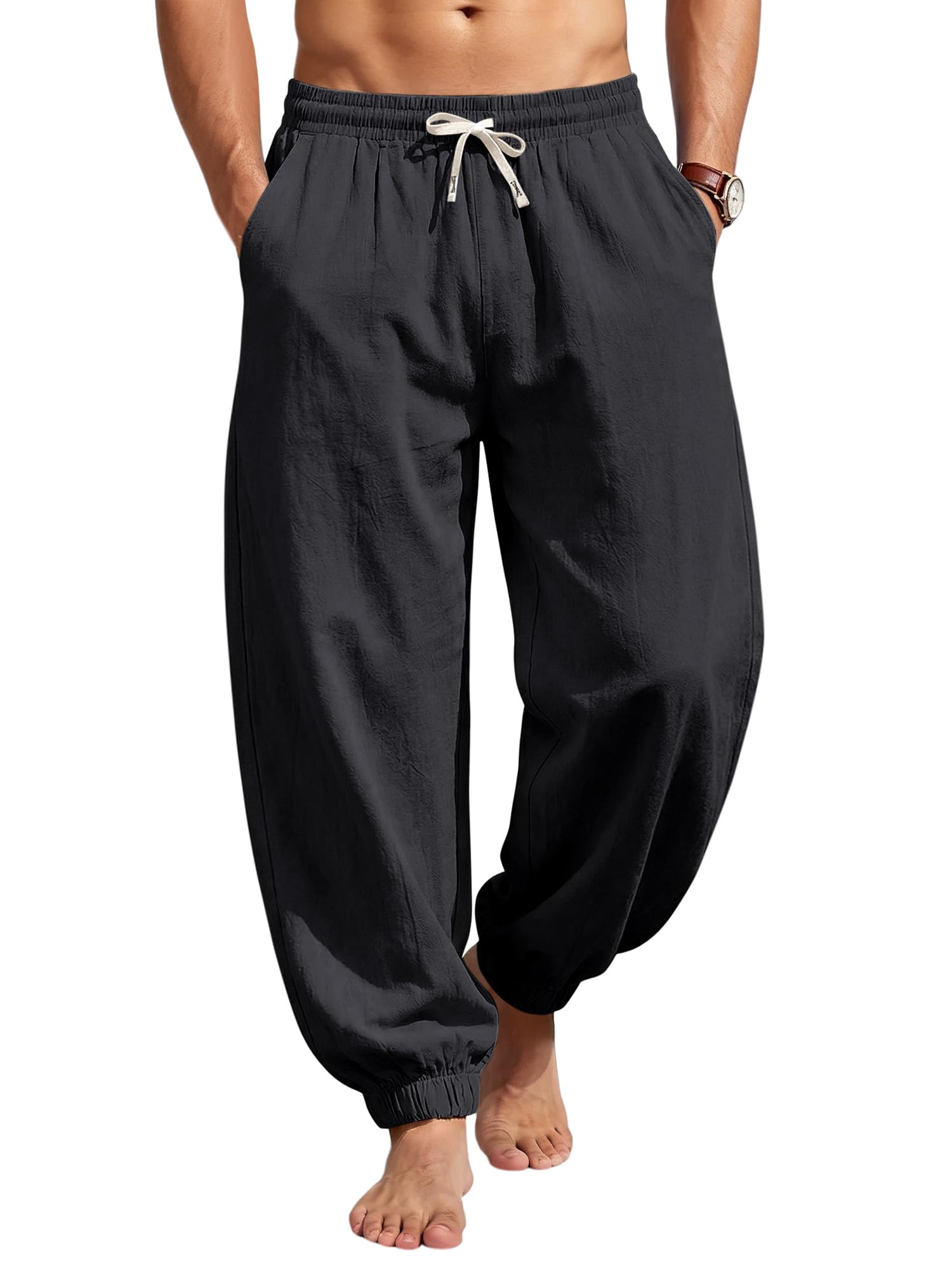 Men's Cotton Linen Pants Casual Lantern Pants Summer Elastic Waist Jogger Yoga Trousers with Pockets