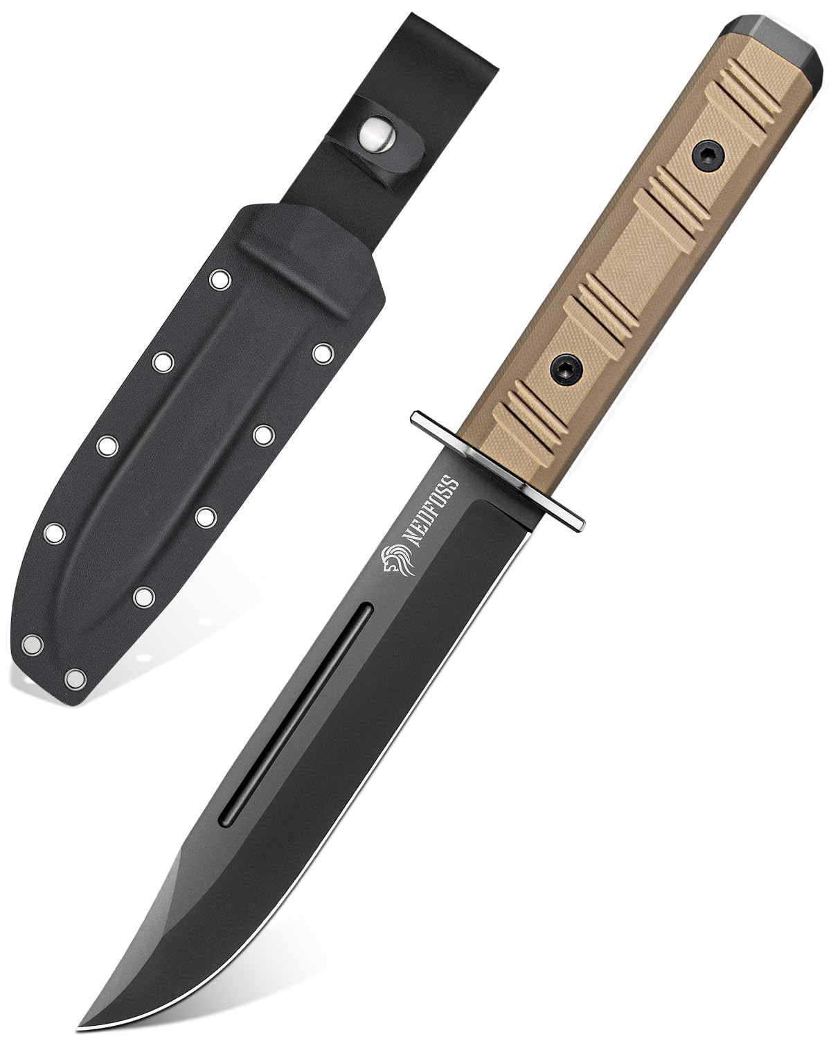 NedFoss BRAVE Bowiemesser, 17.2CM D2 Stahl FULL TANG Outdoor Messer mit G10 Griff & Kydex Scheide, Survival Messer mit Titanium, Großes Jagdmesser, Bushcraft Messer für Camping, Geschenk, Sammlung