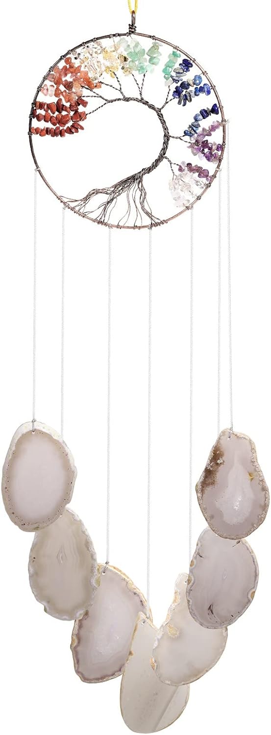 7 Chakra Tree of Life Agate Slice Wind Chime, Reiki Stone Wall Hanging Ornament Windchime for Home Indoor Outdoor, Purple
