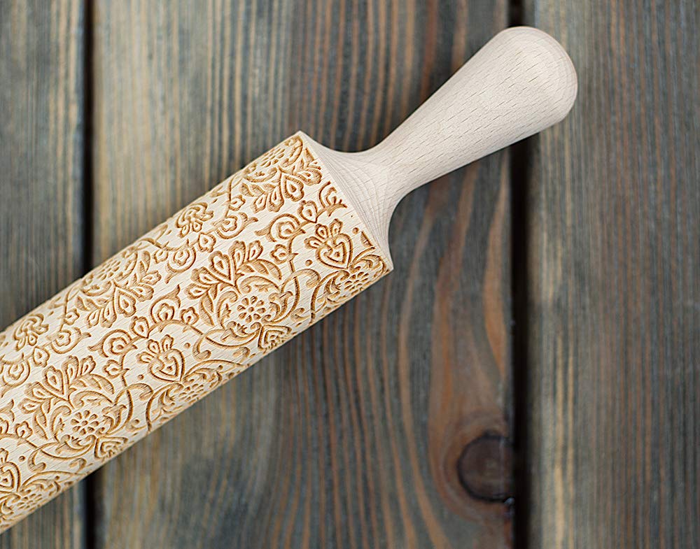 Tracery Rolling Pin, 3D Cookie Stamp, Floral Ornamental Pattern Imprint Utensil, Engraved and Embossing Cookie Stamp, Guipure Cookie Roller