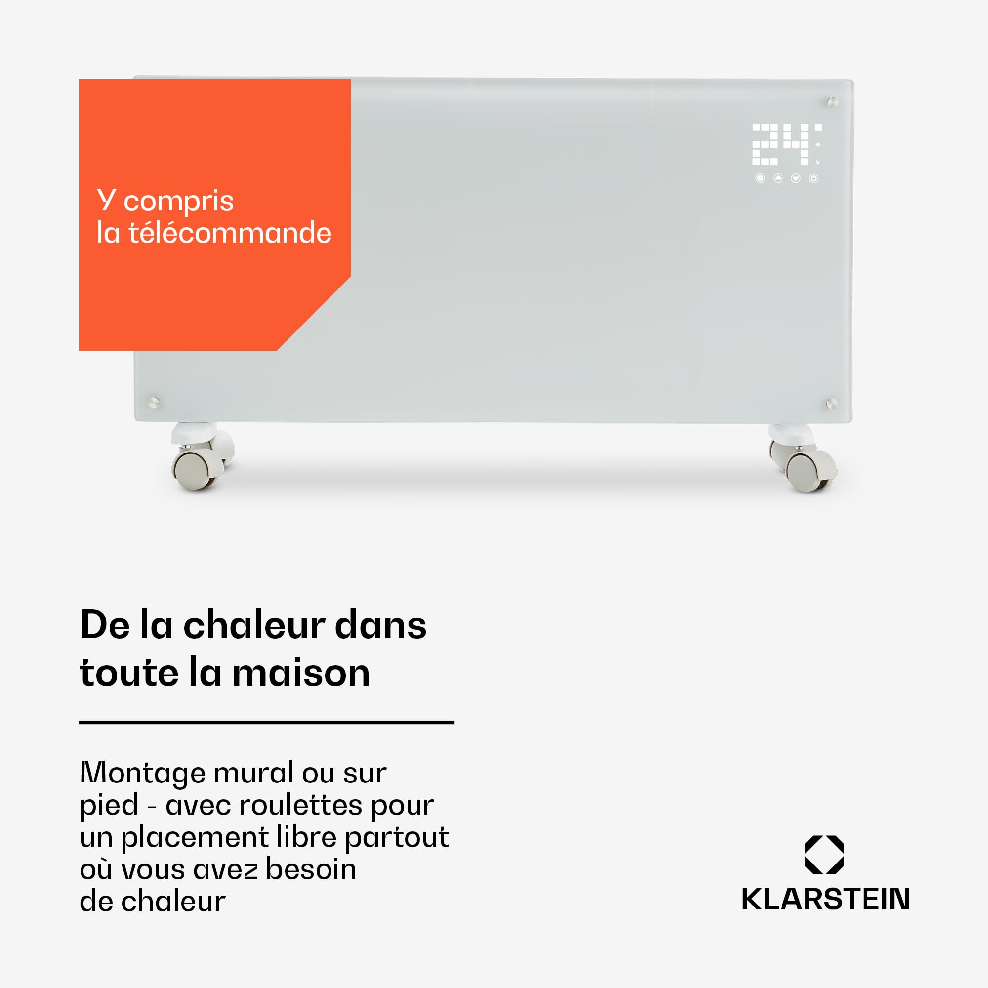 Klarstein Radiateur Electrique Mobile, Chauffage Electrique Mural Intelligent 2000W à Faible Consommation d'Energie pour Maison, Salle de Bain, Silencieux,Thermostat, Roulettes