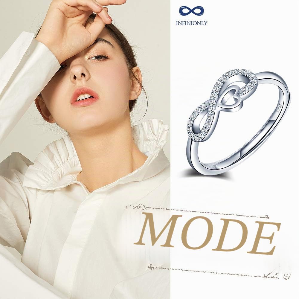 Bague ouverte en argent 925 pour femme fille, anneau de symbole de l'infini incrusté de zircon - Bague de mariage - Taille réglable - Cadeau d'anniversaire de Noël