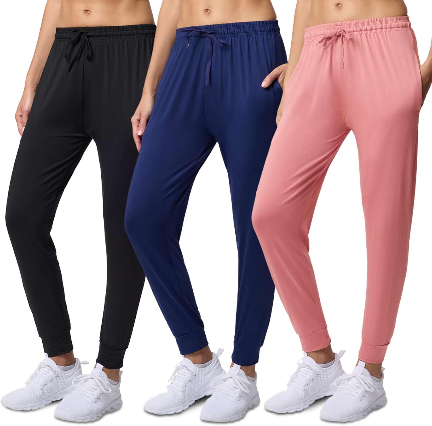 Real Essentials 3 Pack: Womens Dry-Fit Active Athletic Joggers Yoga Lounge Pants - Drawstring (Available in Plus Size)