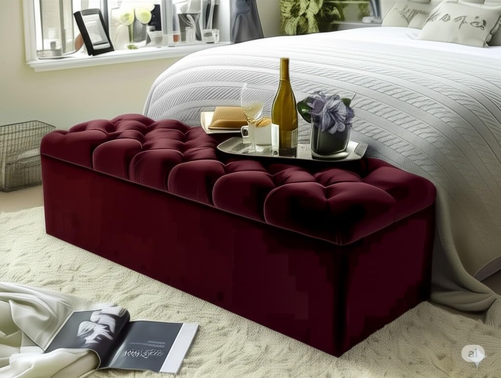 mm08enn Ottoman Storage Blanket Box in Soft Plush Fabric, Multiple Sizes 3ft, 4ft, 4ft6, 5ft and 6ft (Maroon, 4ft)