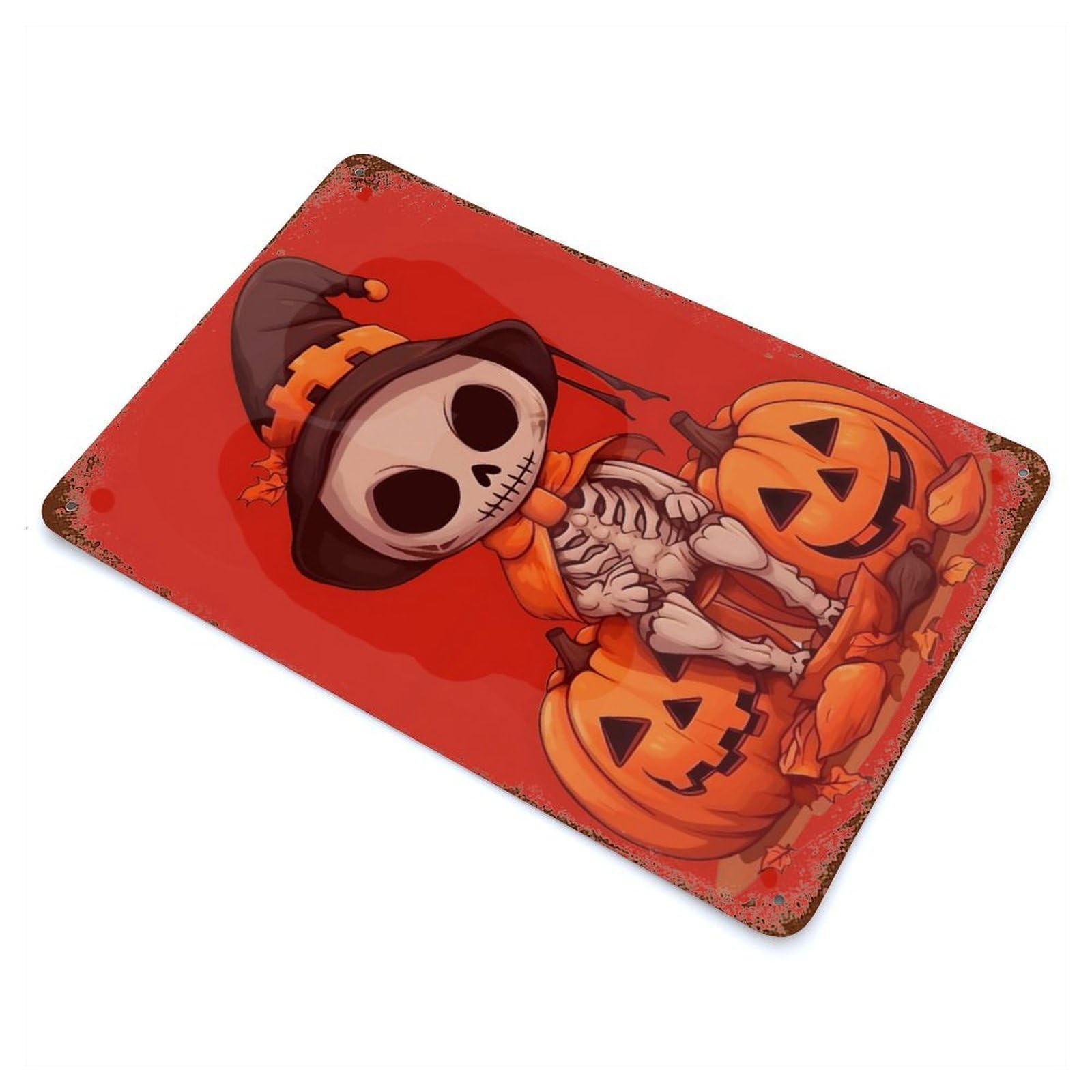 Weathered Tin Sign with Skeleton Witch on Pumpkins Design 11.8"x7.9", for Basement, Hobby Room And Garage Decor, Industrial Home Decor