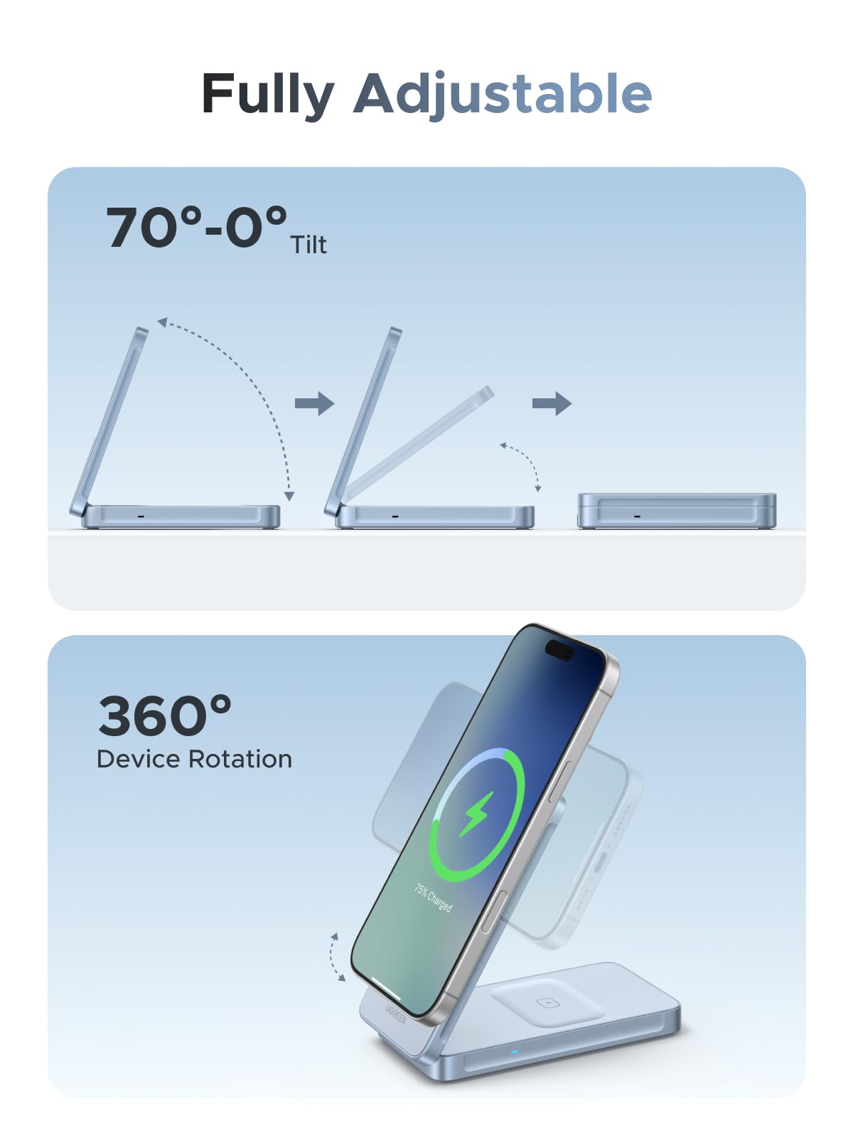 UGREEN MagFlow Qi2 25W Caricatore Wireless 2 in 1 | Compatibile con MagSafe iPhone 17 16 15 14 13 12 Air Plus Pro Max AirPods 4 3 Pro 3 2 1 Magnetico Pieghevole Regolabile